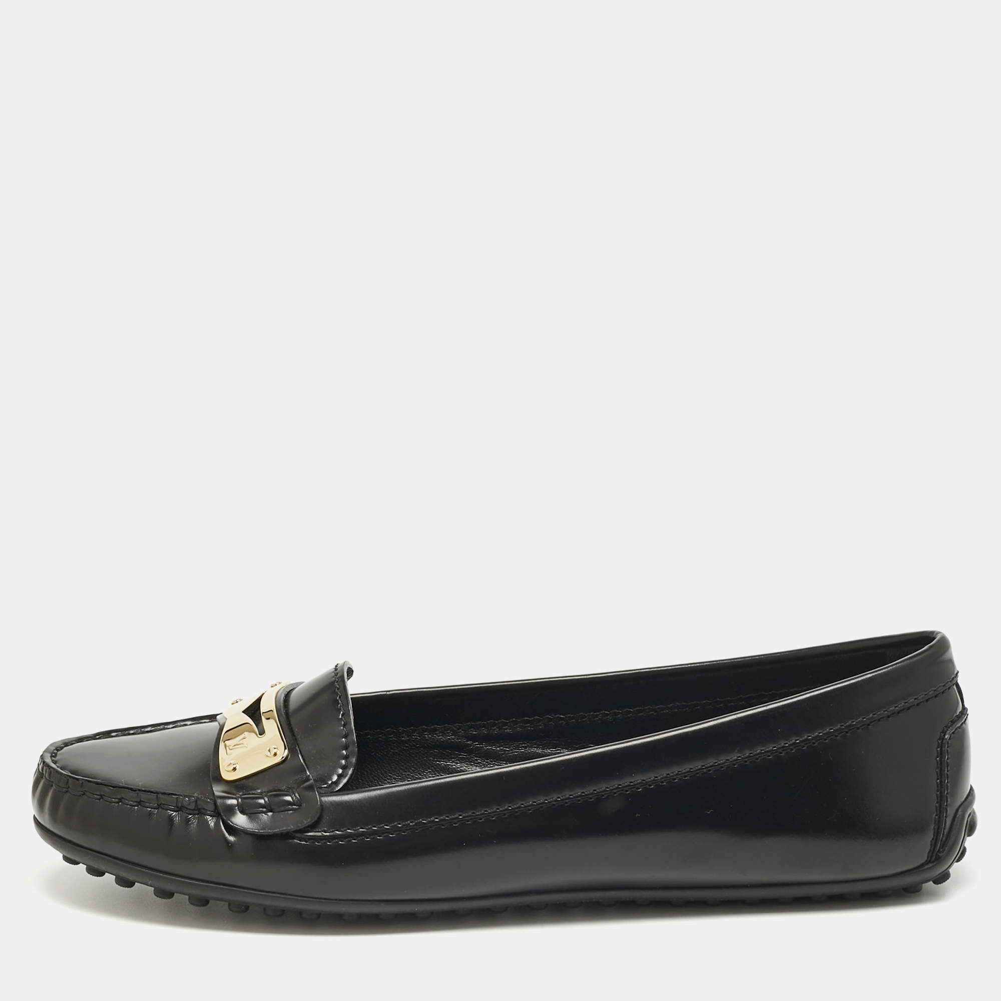 Pre Owned Louis Vuitton Black Brushed Leather Penny Loafers Size 37.5