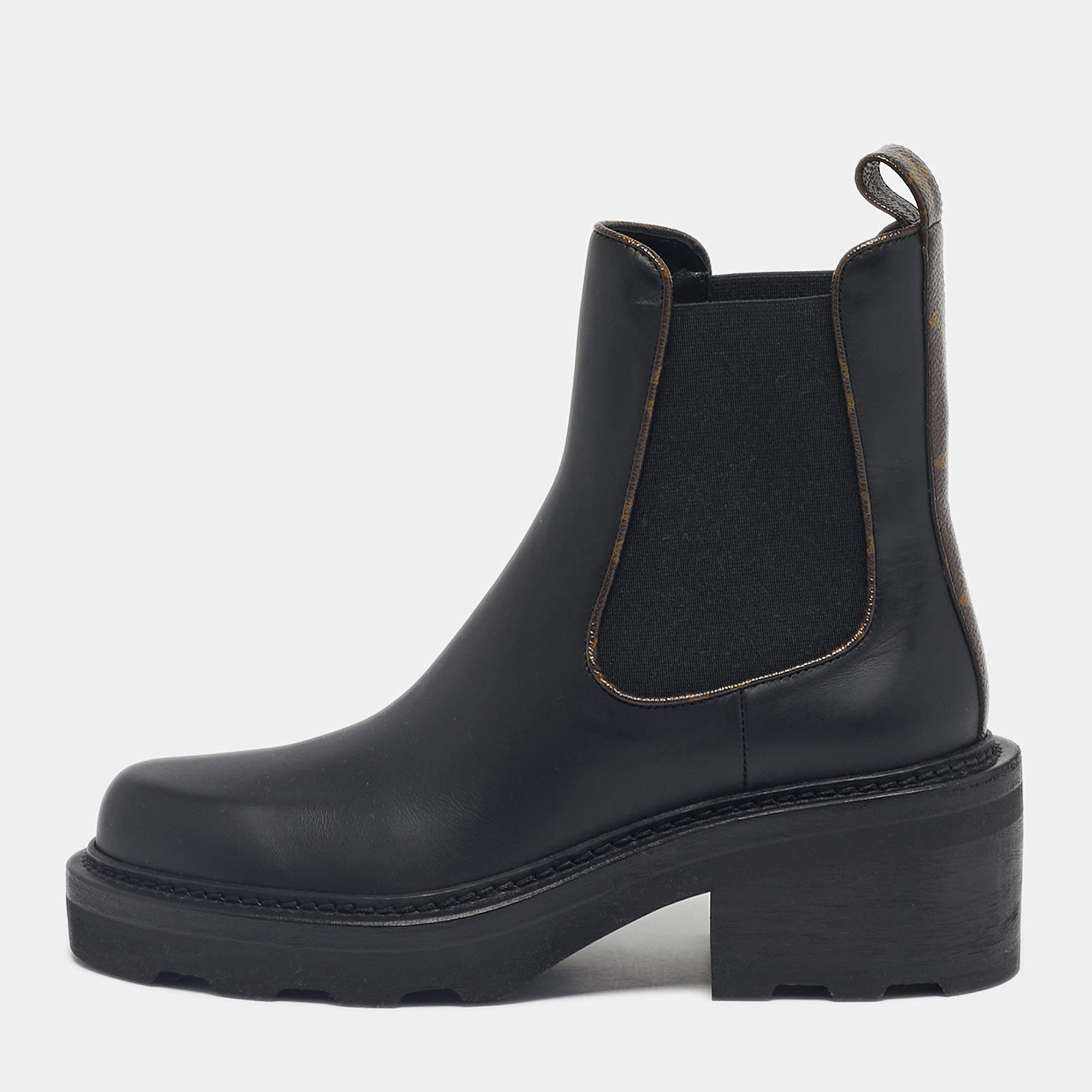 Pre Owned Louis Vuitton Black Leather Beaubourg Ankle Boots Size 38.5