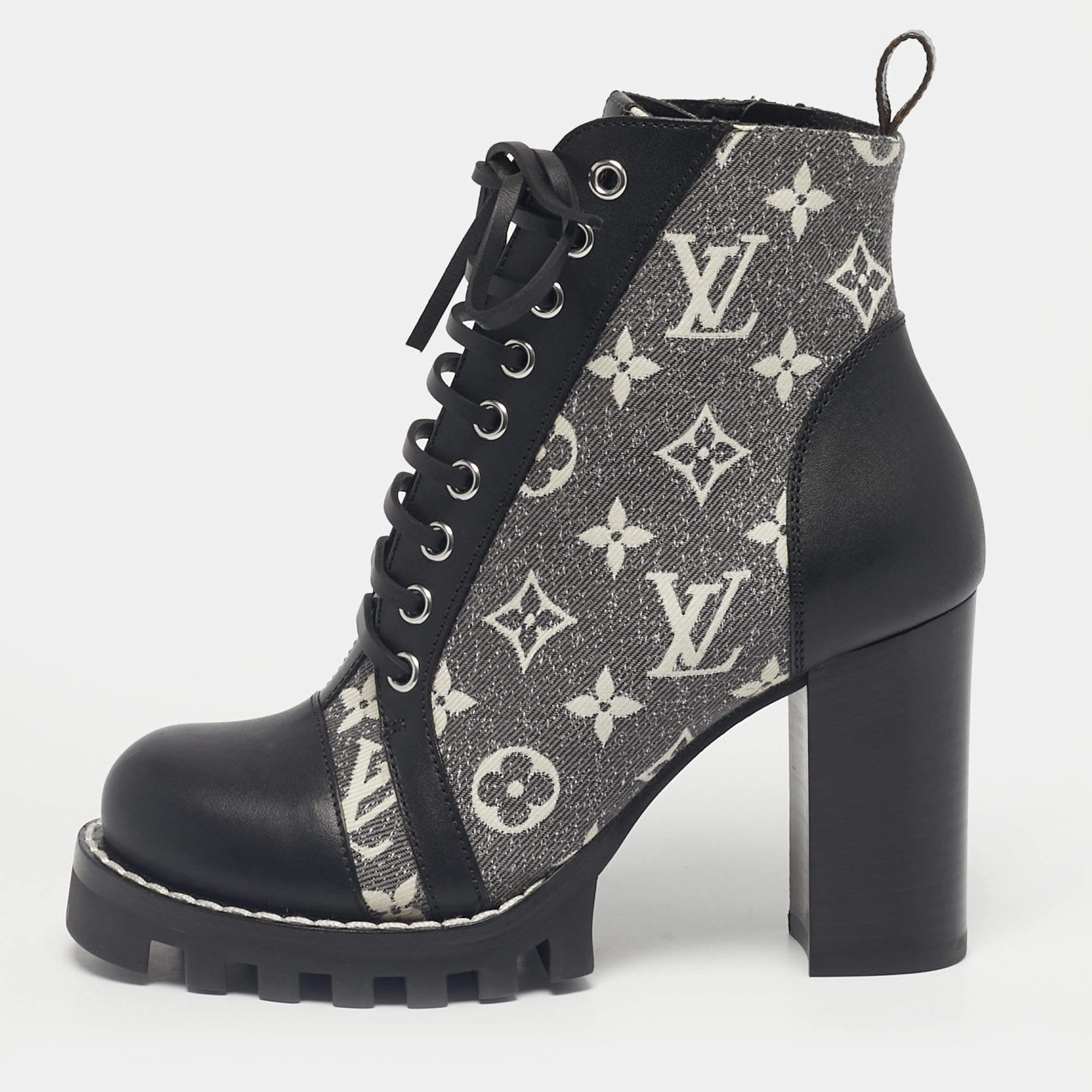 Pre Owned Louis Vuitton Grey/Black Monogram Denim and Leather Star Trail Ankle Boot Size 36