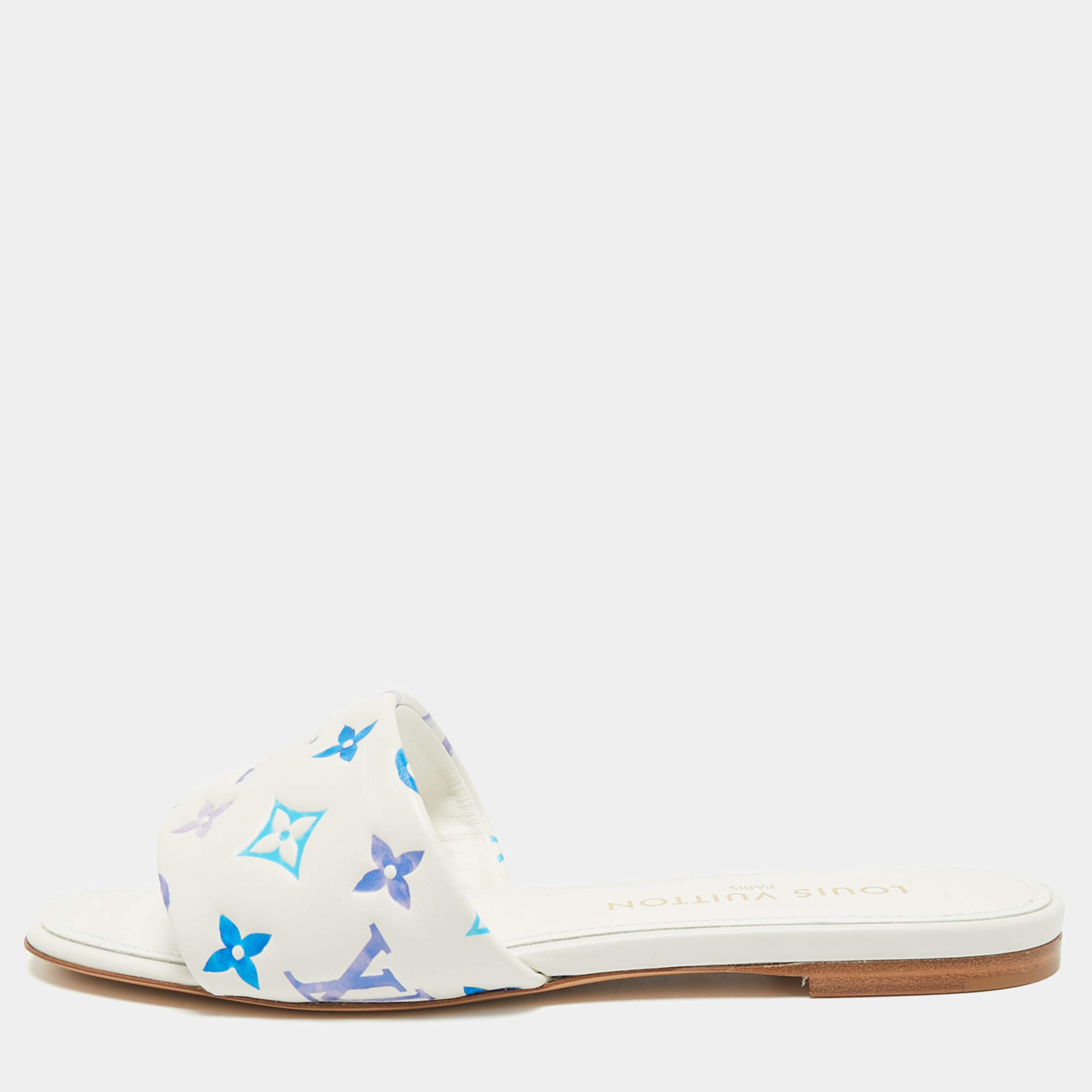 Pre Owned Louis Vuitton Revival Size 39 White/Blue Monogram Leather Flat Slide