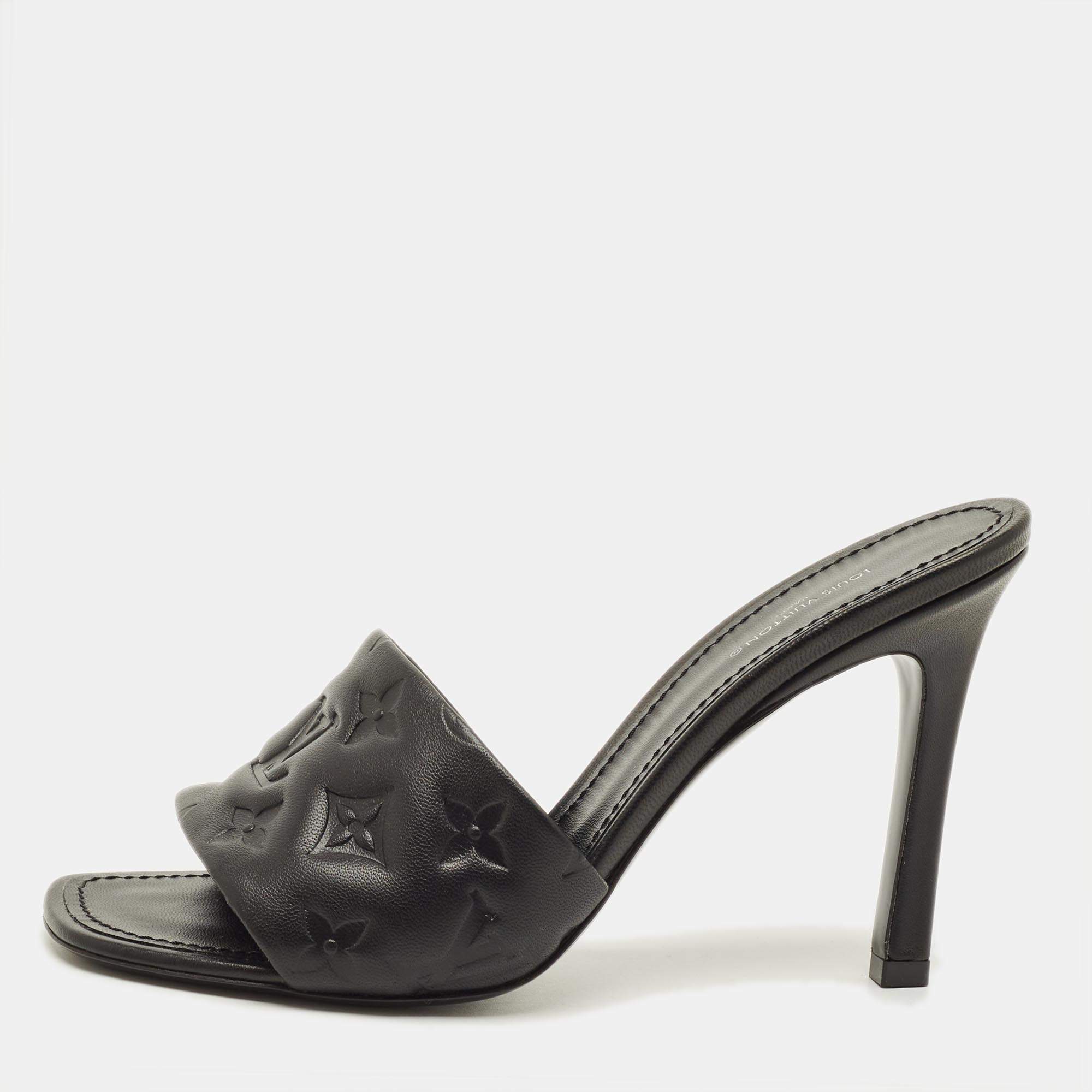 Pre Owned Louis Vuitton Revival Size 39 Black Monogram Leather Slide Sandals
