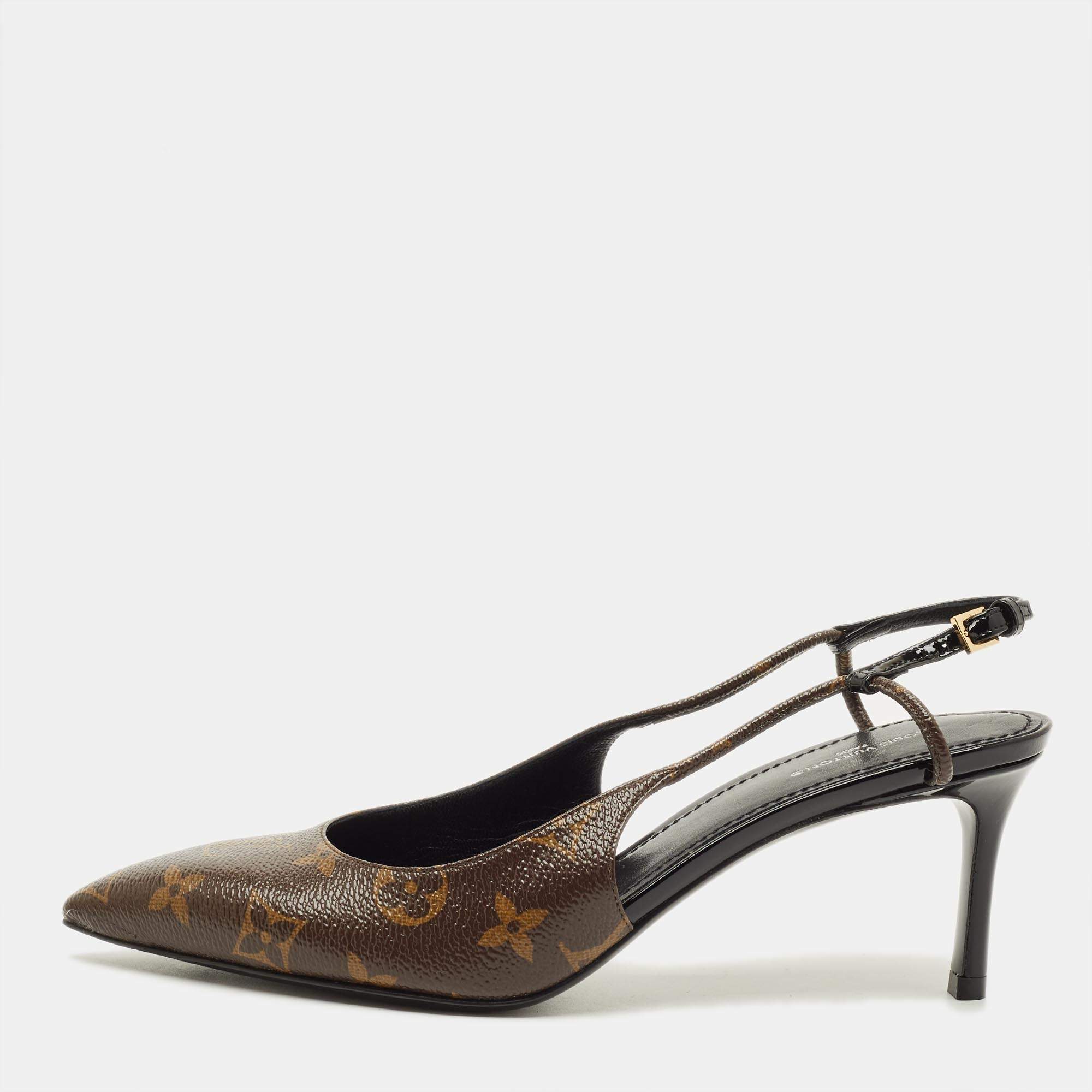 Pre Owned Louis Vuitton Chérie Size 39 Brown/Black Monogram Canvas and Patent Leather Slingback Pumps