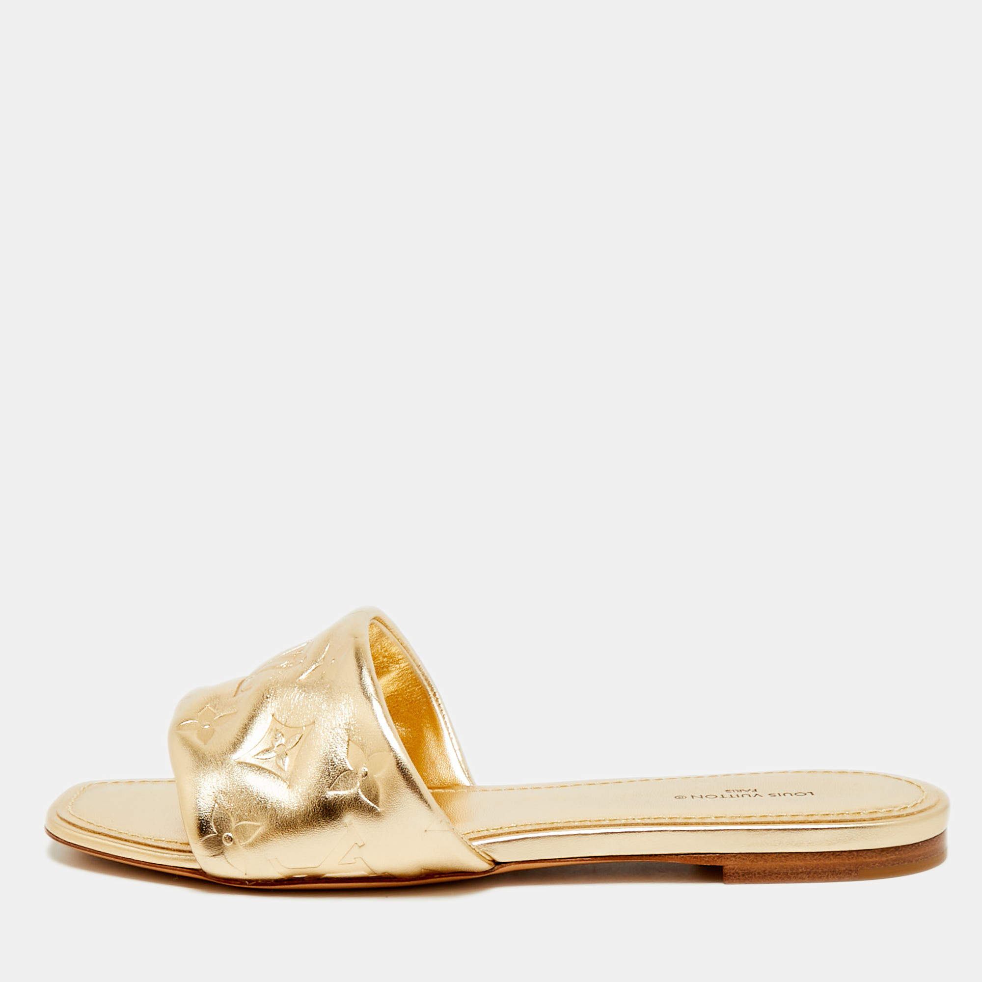 Pre Owned Louis Vuitton Revival Size 38 Gold Monogram Leather Flat Slide
