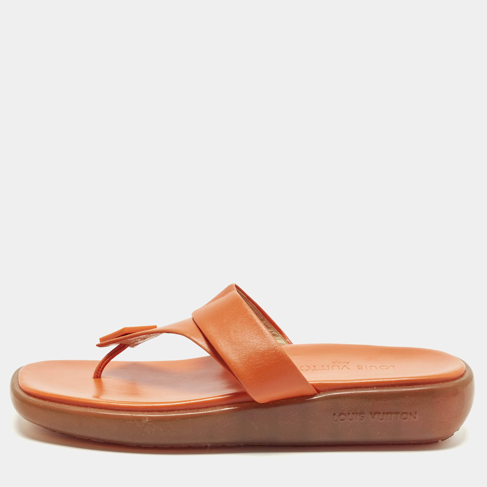 Pre Owned Louis Vuitton Size 40.5 Orange Leather Thong Flat Slide