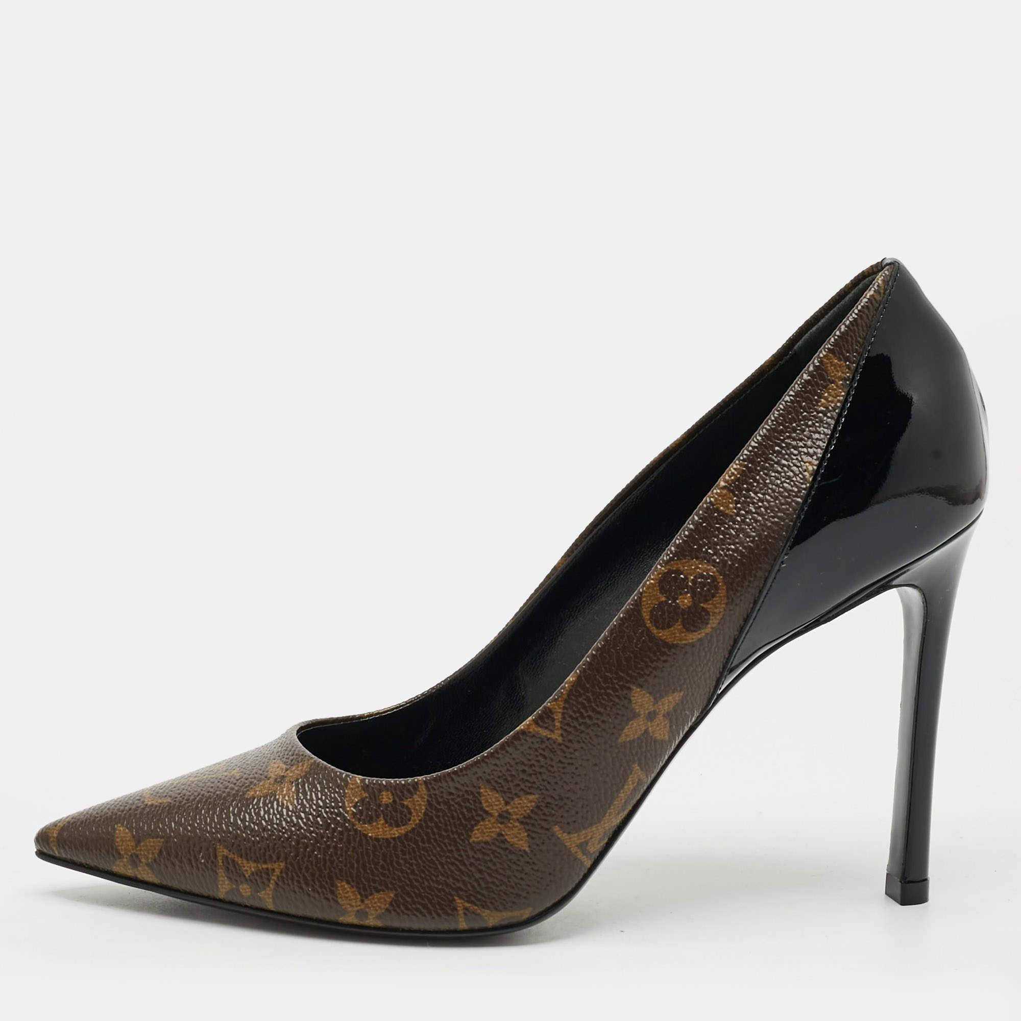 Pre Owned حذاء كعب عالي لوي فيتون شيري جلد أسود لامع كانفاس مونوغرامي مقدمة مدببة مقاس 39