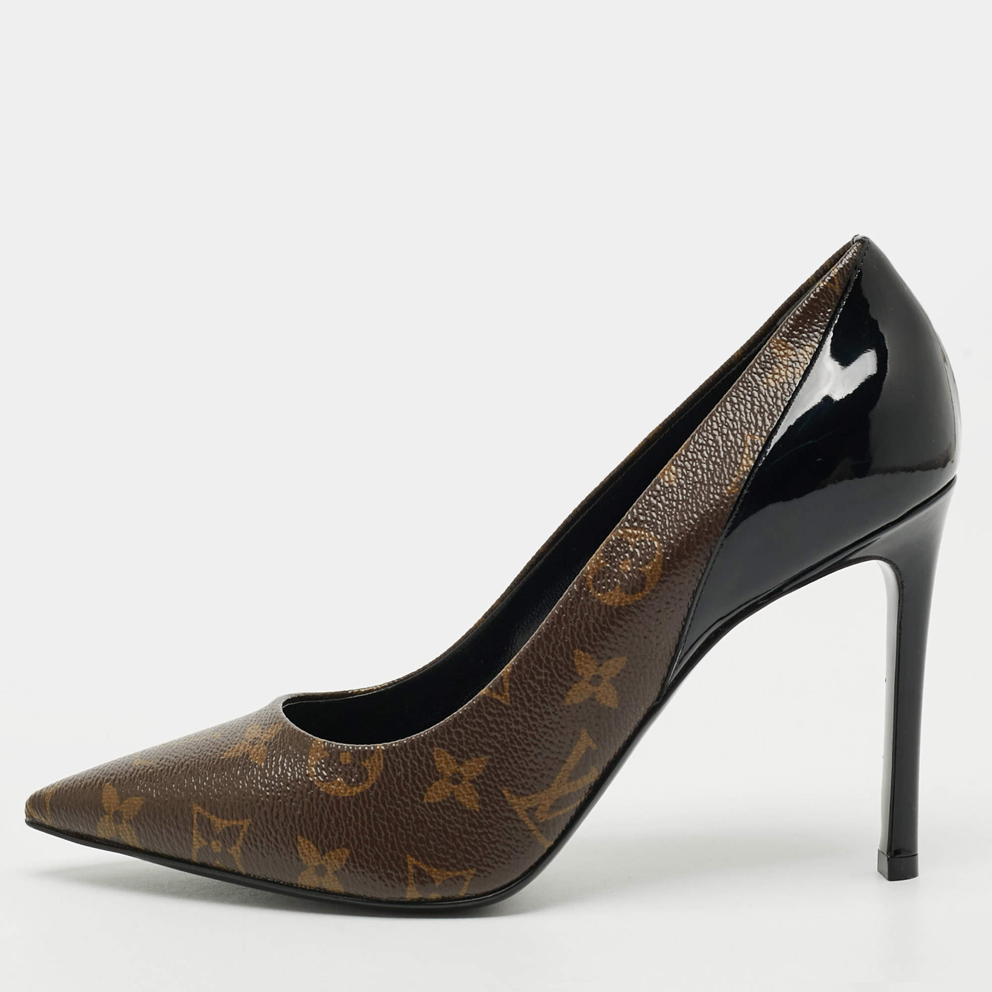 Pre Owned حذاء كعب عالي لوي فيتون شيري جلد أسود لامع كانفاس مونوغرامي مقدمة مدببة مقاس 39