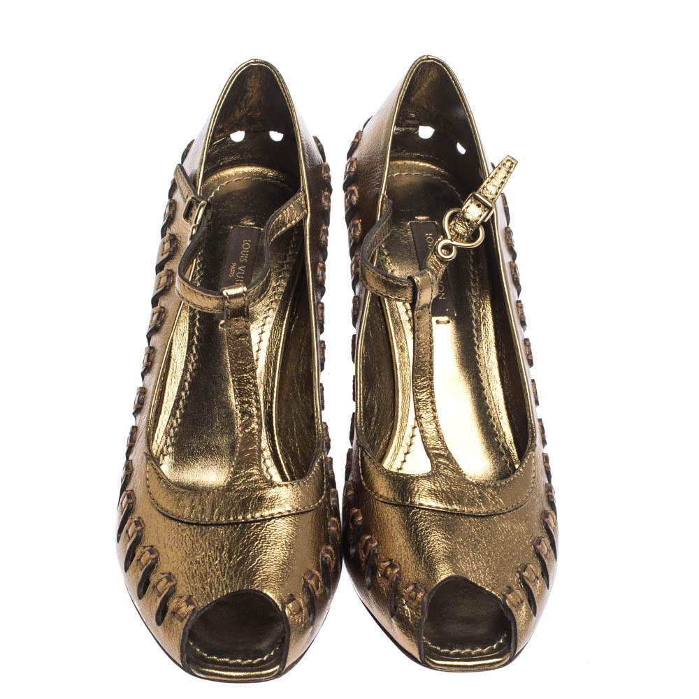 Louis Vuitton Bronze Leather T-Bar Cut Out Peep Toe Pumps Size 38