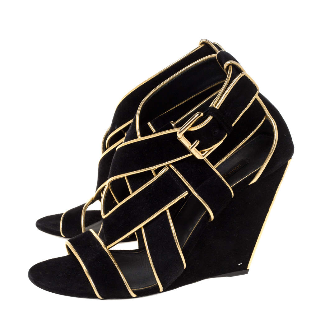 Louis Vuitton Black Suede And Gold Leather Trim Strappy Wedge Sandals Size  38.5 Louis Vuitton | The Luxury Closet