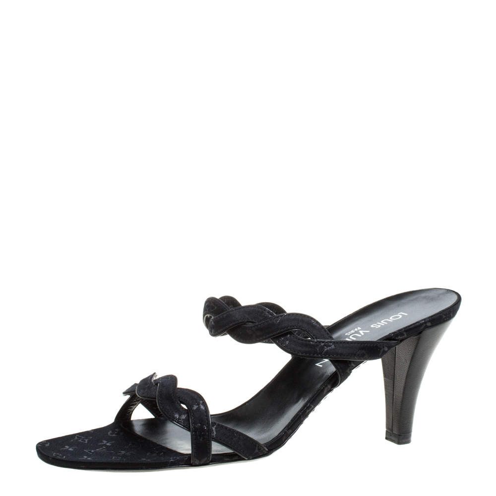 Louis Vuitton Black Monogram Satin Braided Slide Sandals Size 39.5