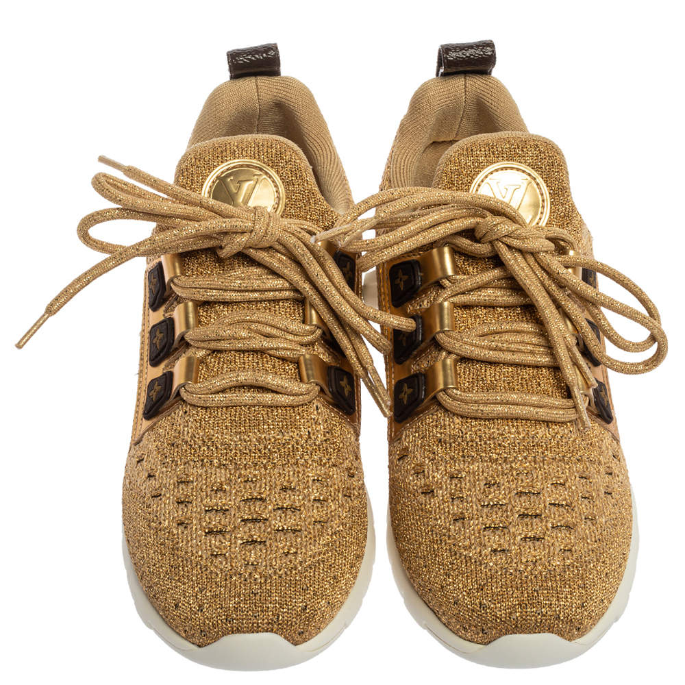 Louis Vuitton Gold Knit Fabric And Leather Aftergame Lace Trainer Sneakers  Size 37