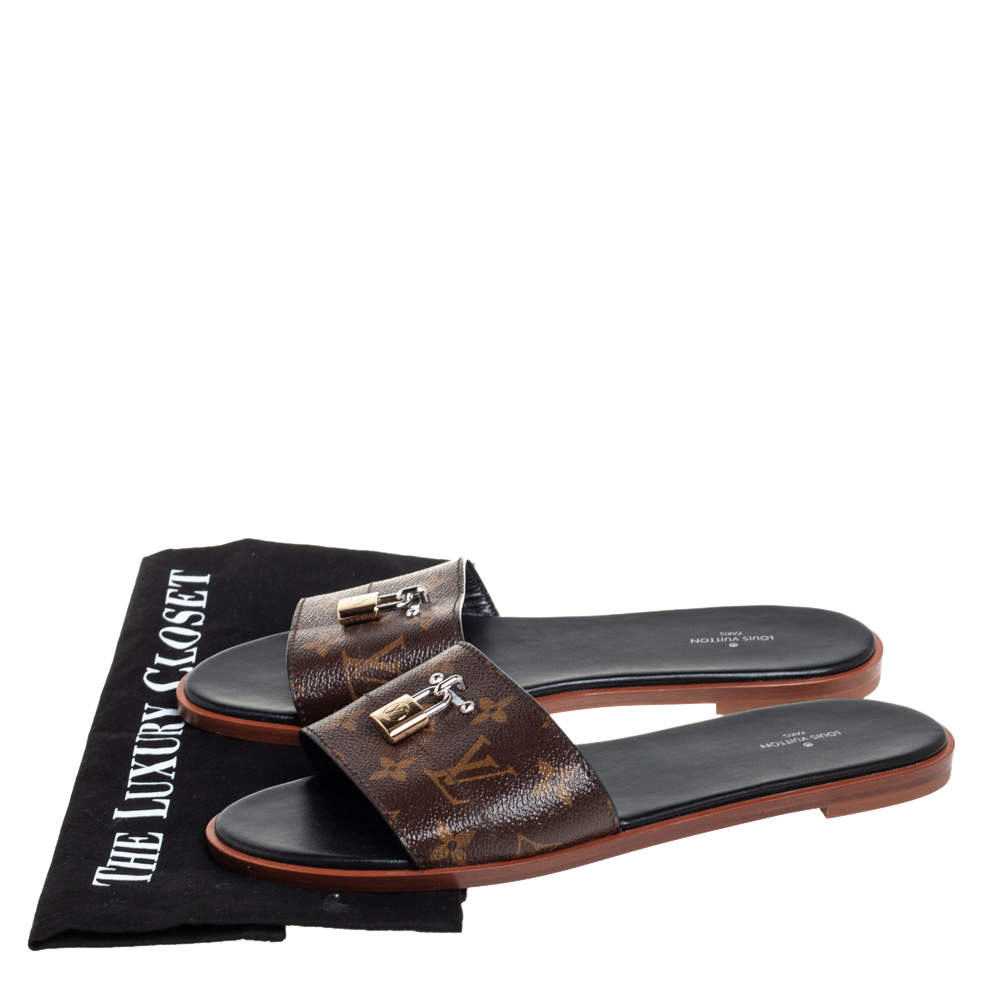 Louis Vuitton Black Brown Lock It Flat Mule 39 EU 1A28NG Slides 9 Sandals