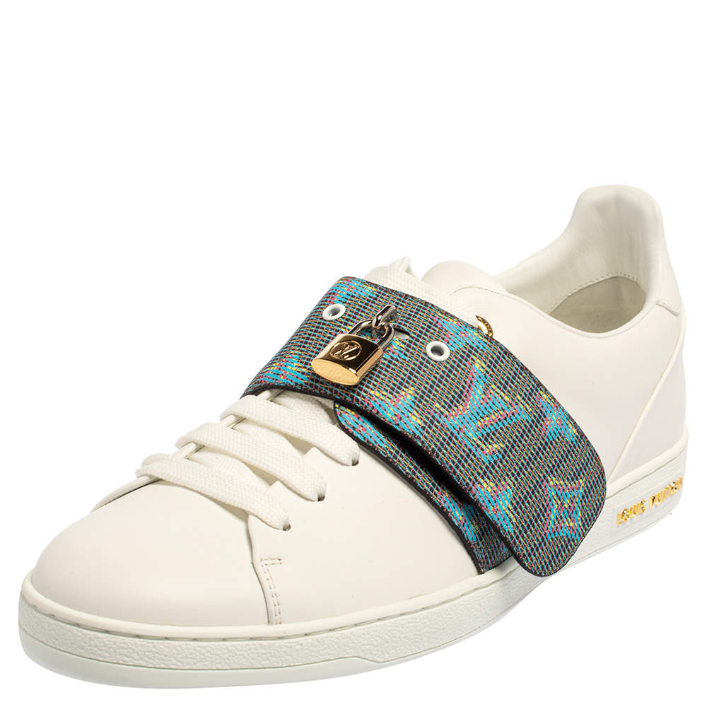 Pre Owned Louis Vuitton White Leather And Monogram Canvas Frontrow Lock Low Top Sneakers Size 41