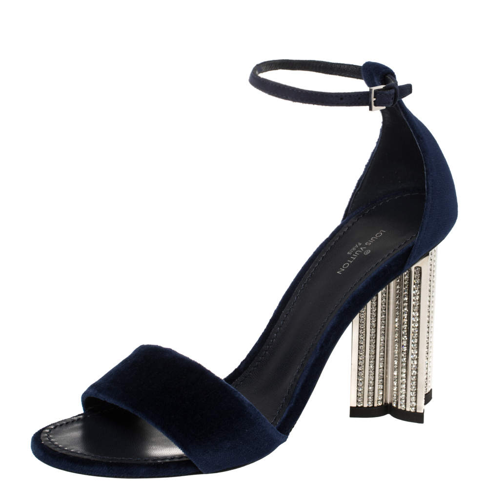 Pre Owned Louis Vuitton Navy Blue Velvet Silhouette Crystal Embellished Sandals Size 37.5