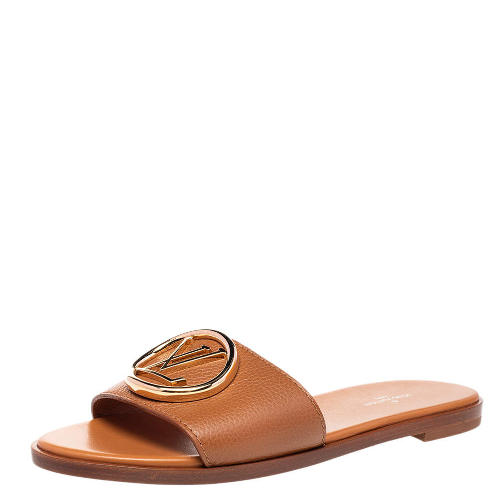 مملوكة مسبقًا Louis Vuitton Brown Leather Lock It Flat Slides Size 37.5