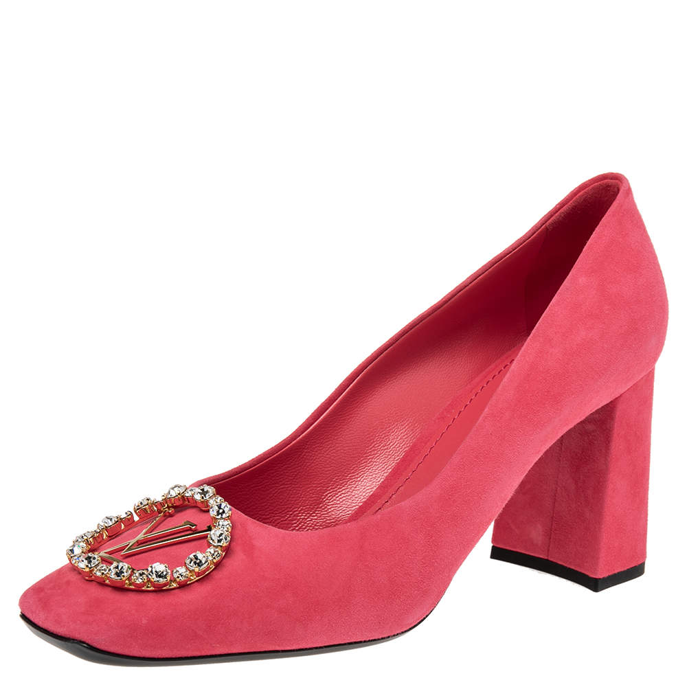 Pre Owned Louis Vuitton Pink Suede Crystal Madeleine Block Heel Pumps Size 41