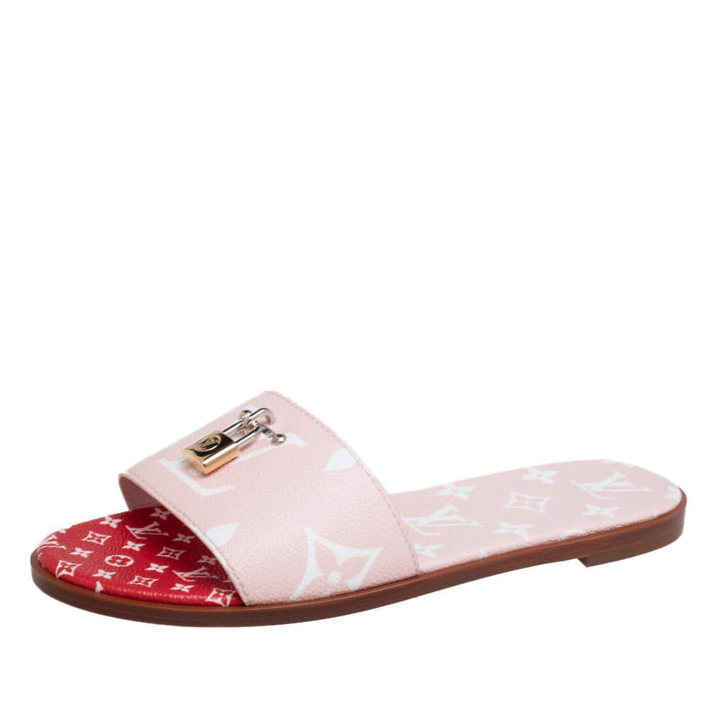 Louis Vuitton Pink Reverse Monogram Canvas Lock It Flat Slide Sandals Size  39