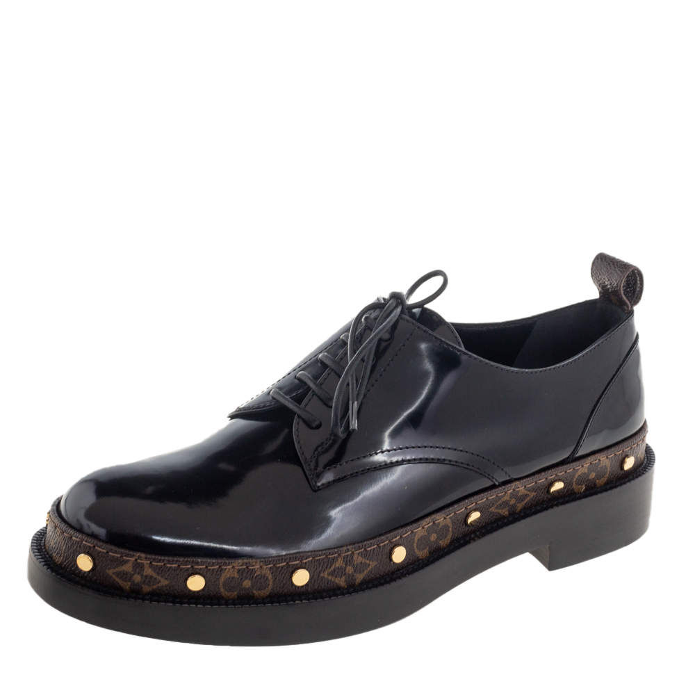 Louis Vuitton Black/Brown Monogram Canvas And Patent Leather Oxfords Size 39