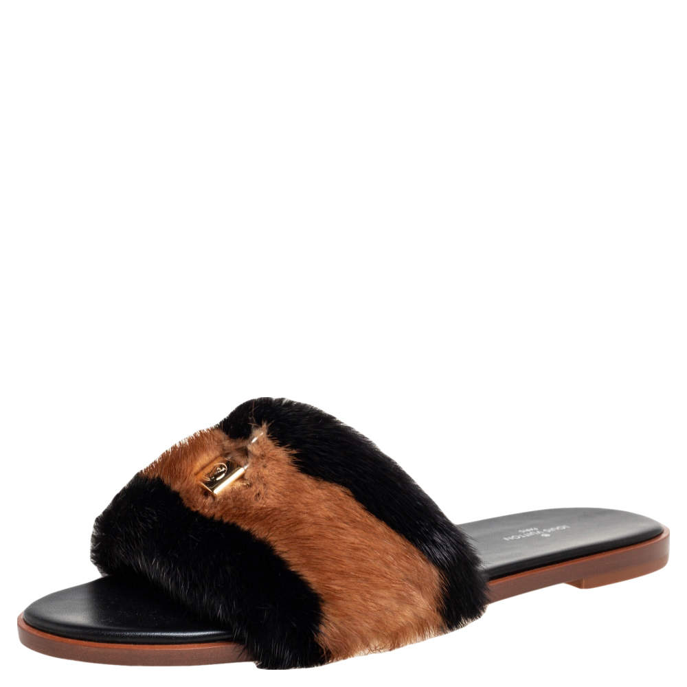 Pre Owned Louis Vuitton Brown/Black Mink Fur Lock It Flat Sandals Size 40