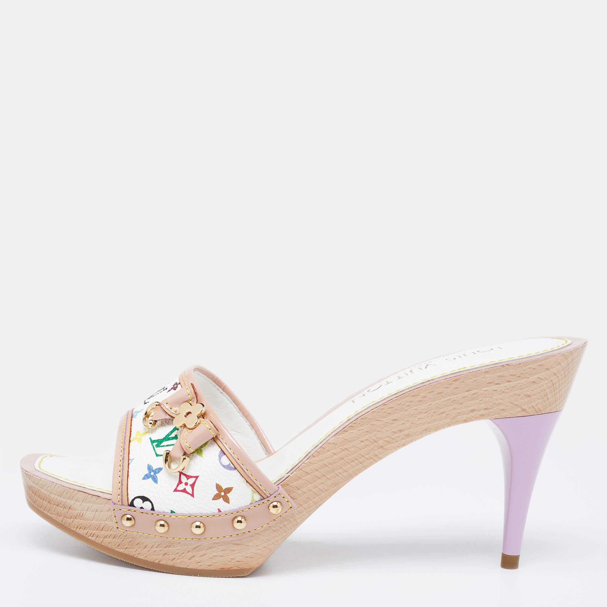 Pre Owned Louis Vuitton White/Beige Monogram Canvas And Patent Leather Trim Wood Platform Slide Sandals Size 38