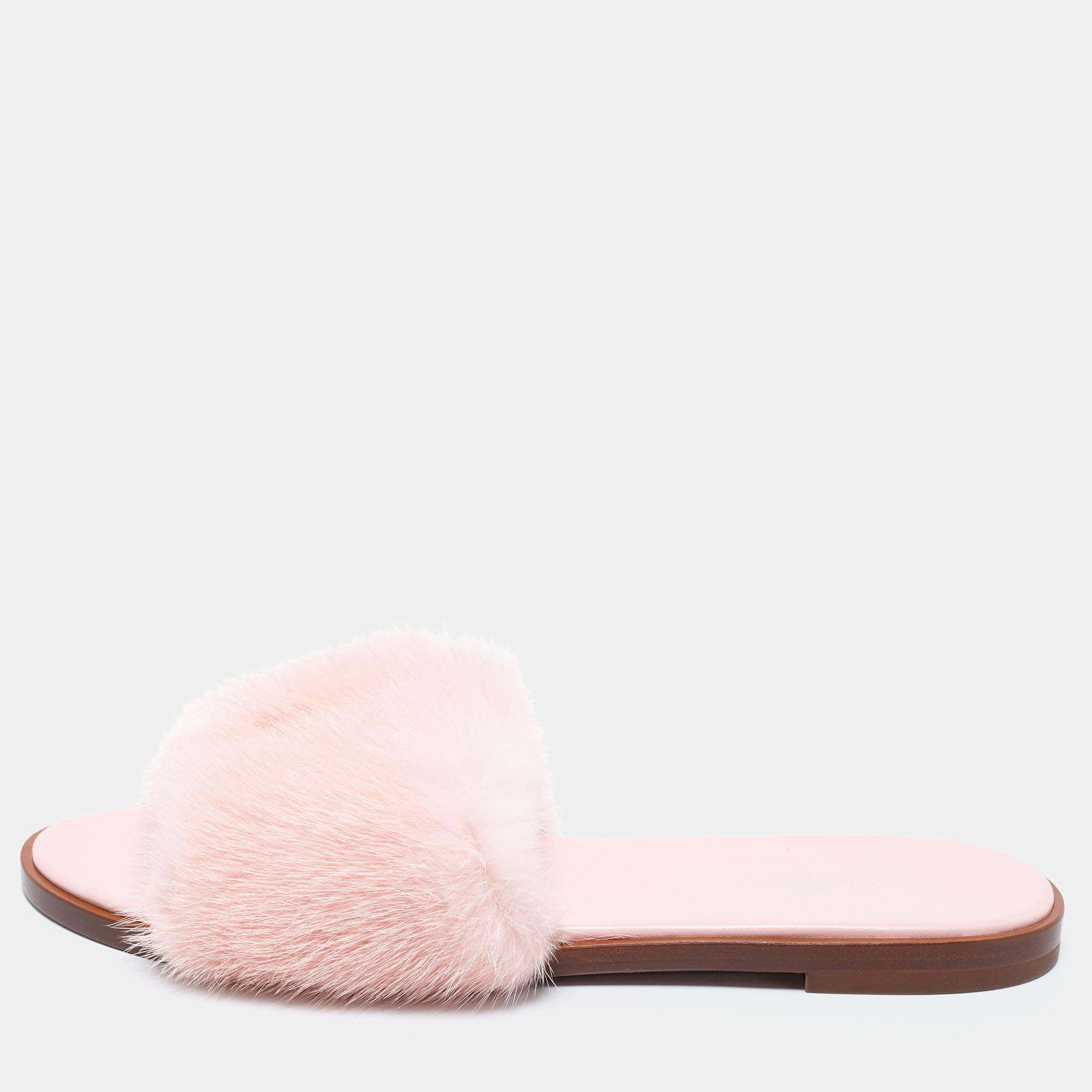 Louis Vuitton Pink/Red Mink Fur Lock It Flat Slide Sandals Size 37.5 at  1stDibs