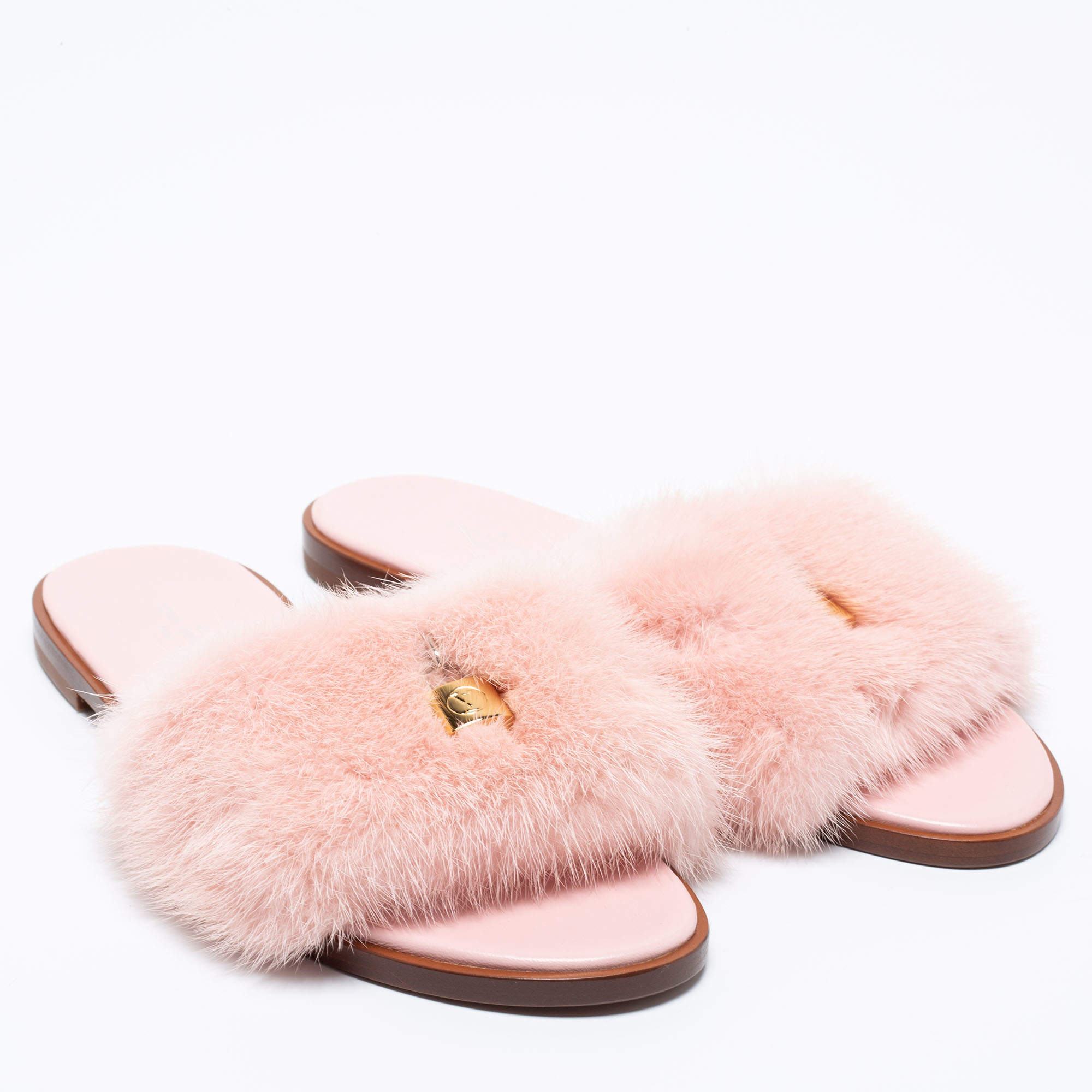 Louis Vuitton Pink Mink Fur Lock It Flat Slides Size 38