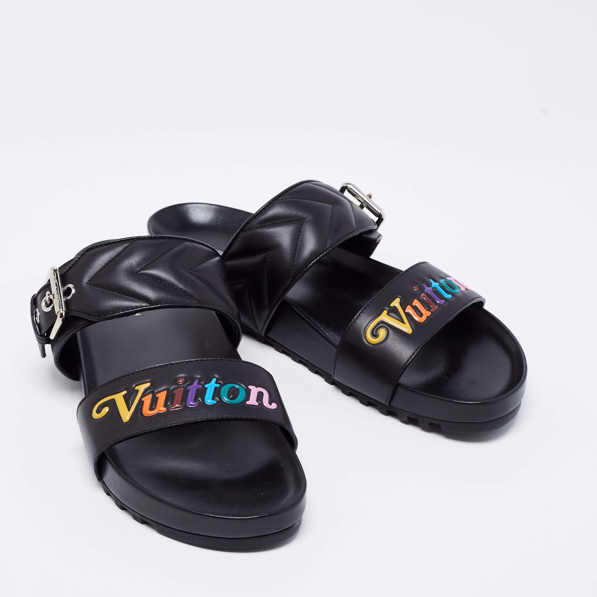 LOUIS VUITTON Bom Dia Flat Mule Sandals 41 Black 1034232