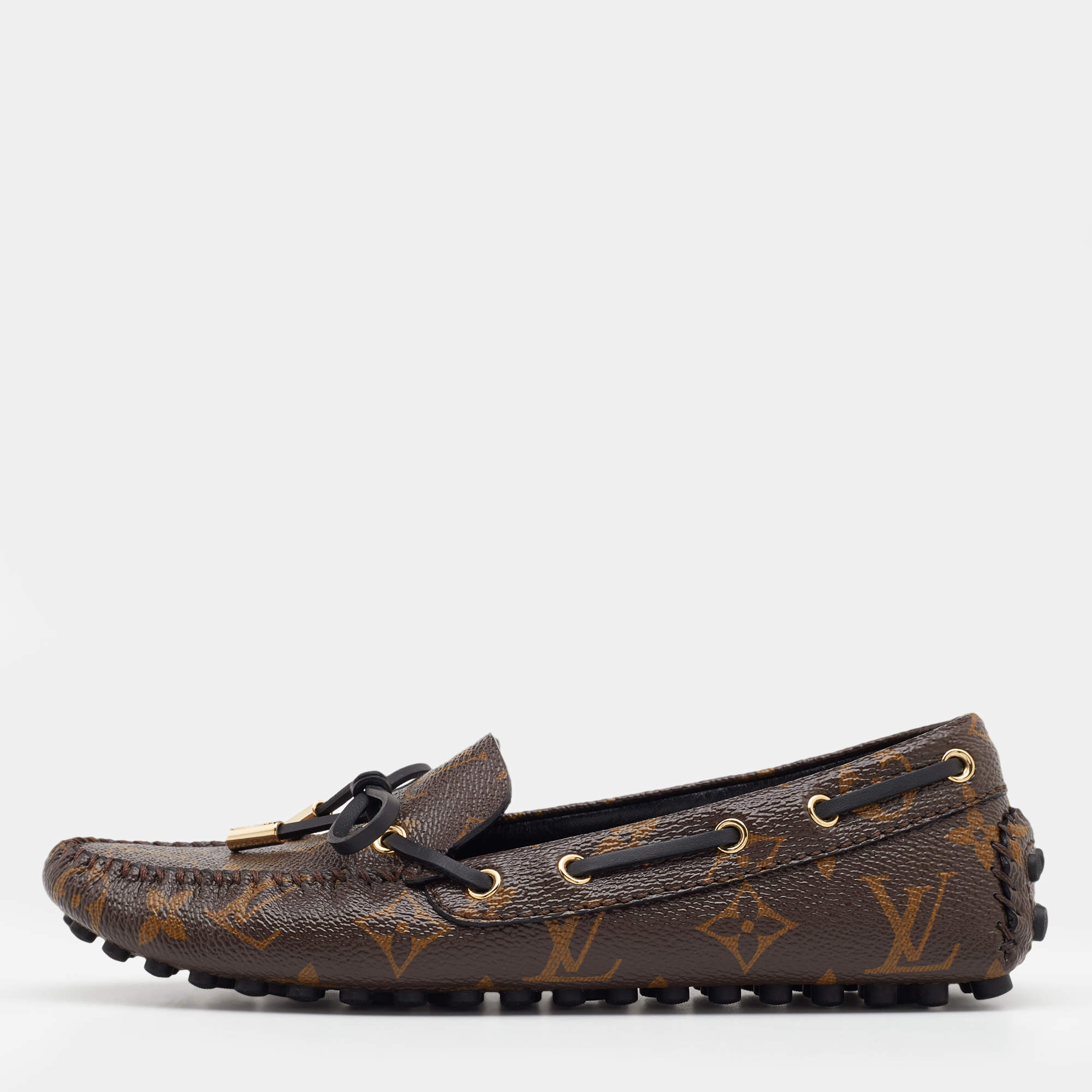 Pre Owned Louis Vuitton Brown Monogram Canvas Gloria Bow Slip On Loafers Size 36