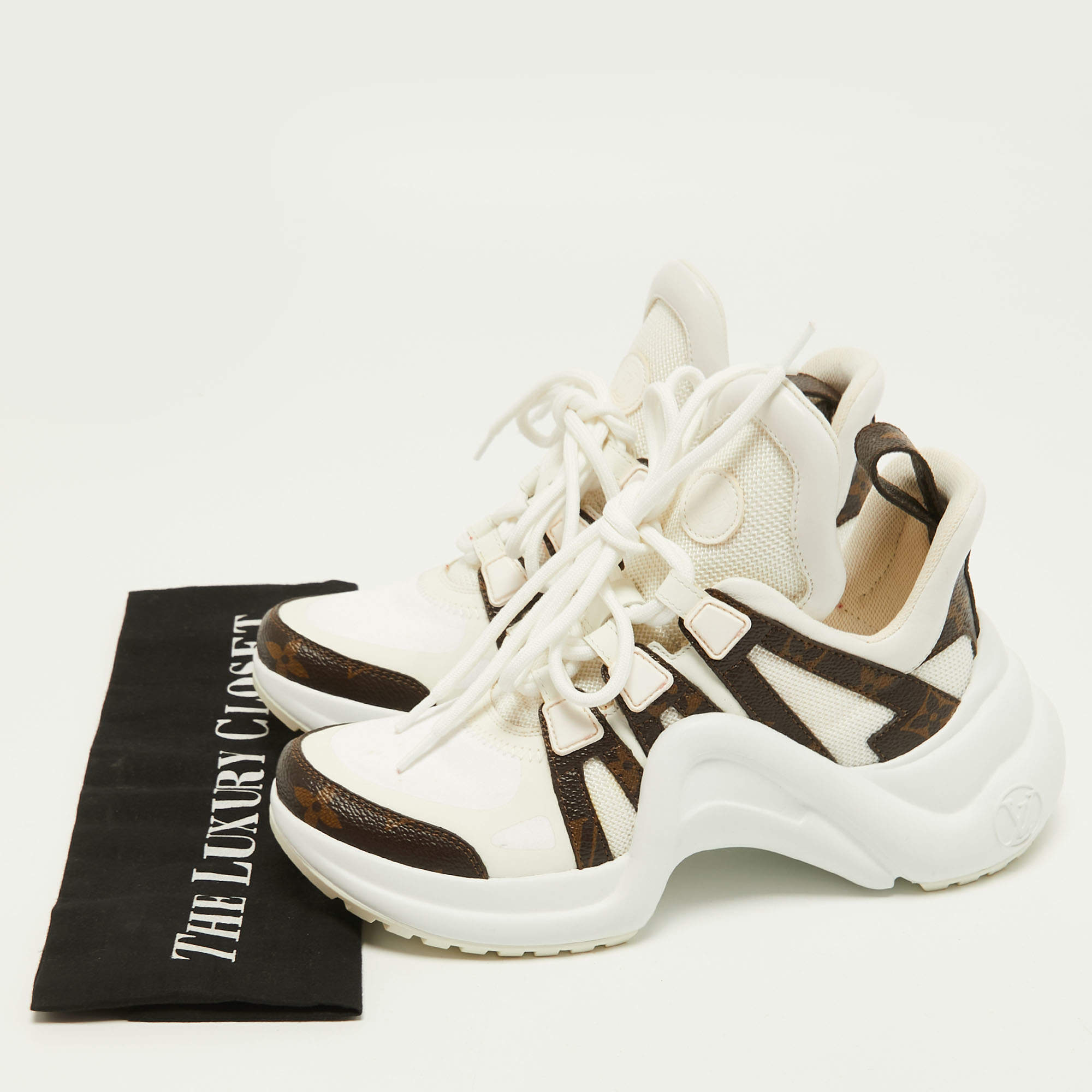 Louis Vuitton White/Brown Mesh, Leather and Monogram Canvas Archlight  Sneakers Size 34.5