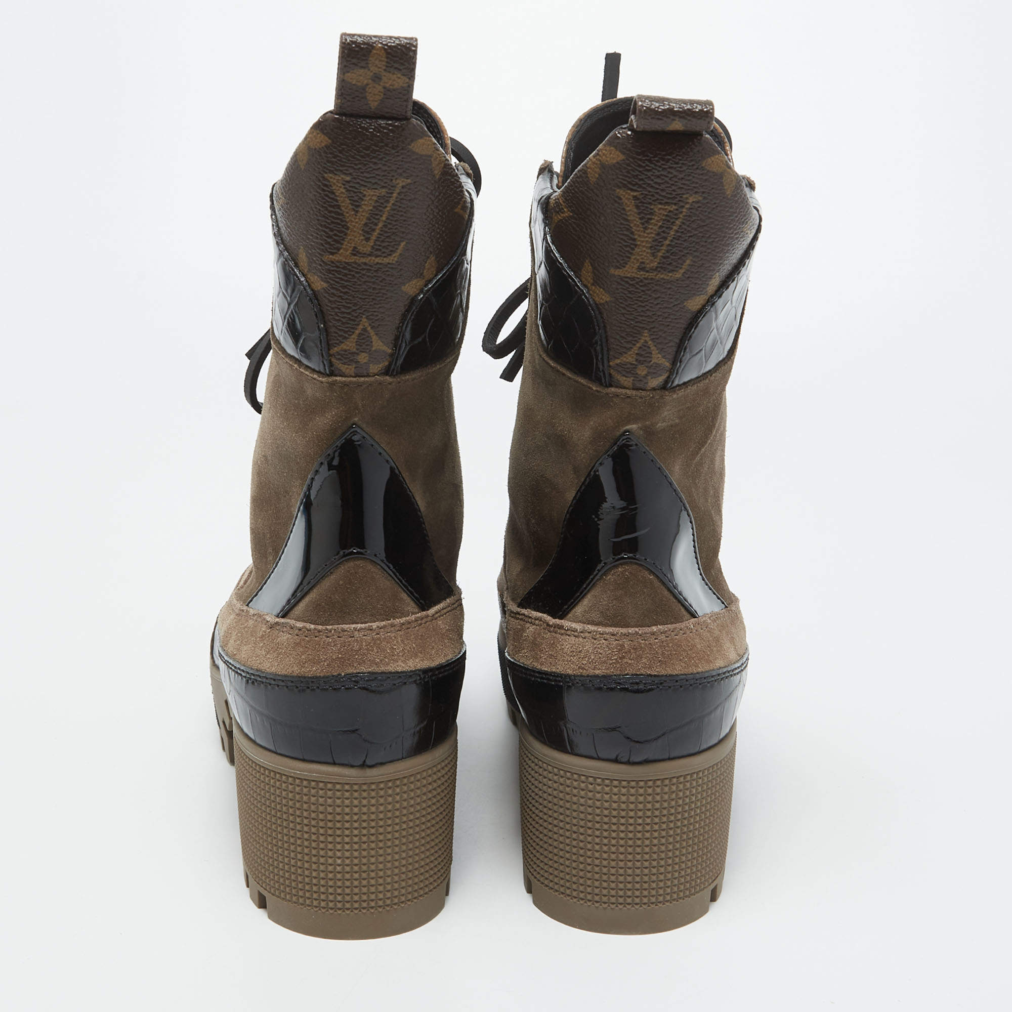 Louis Vuitton Brown Suede and Monogram Canvas Laureate Ankle Boots Size 38.5