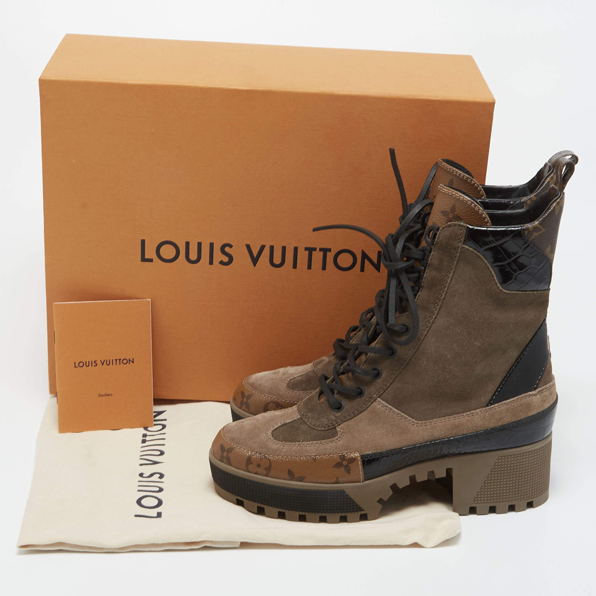Louis Vuitton Women's Laureate Platform Desert Boots Suede with Monogram Canvas and Crocodile Brown