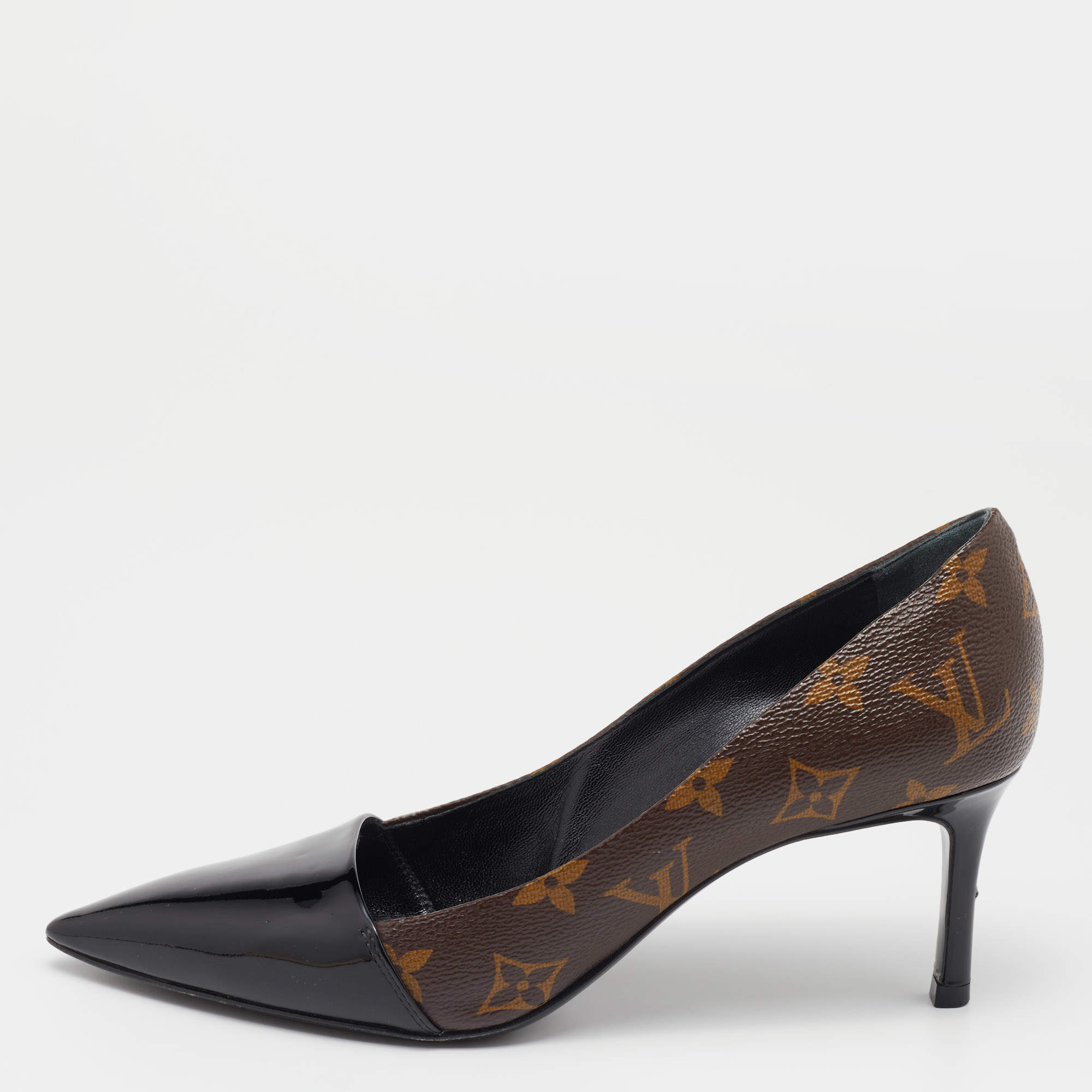 Pre Owned Louis Vuitton Brown/Black Monogram Canvas And Patent Leather Cap Toe Fetish Pointed Toe Pumps Size 37