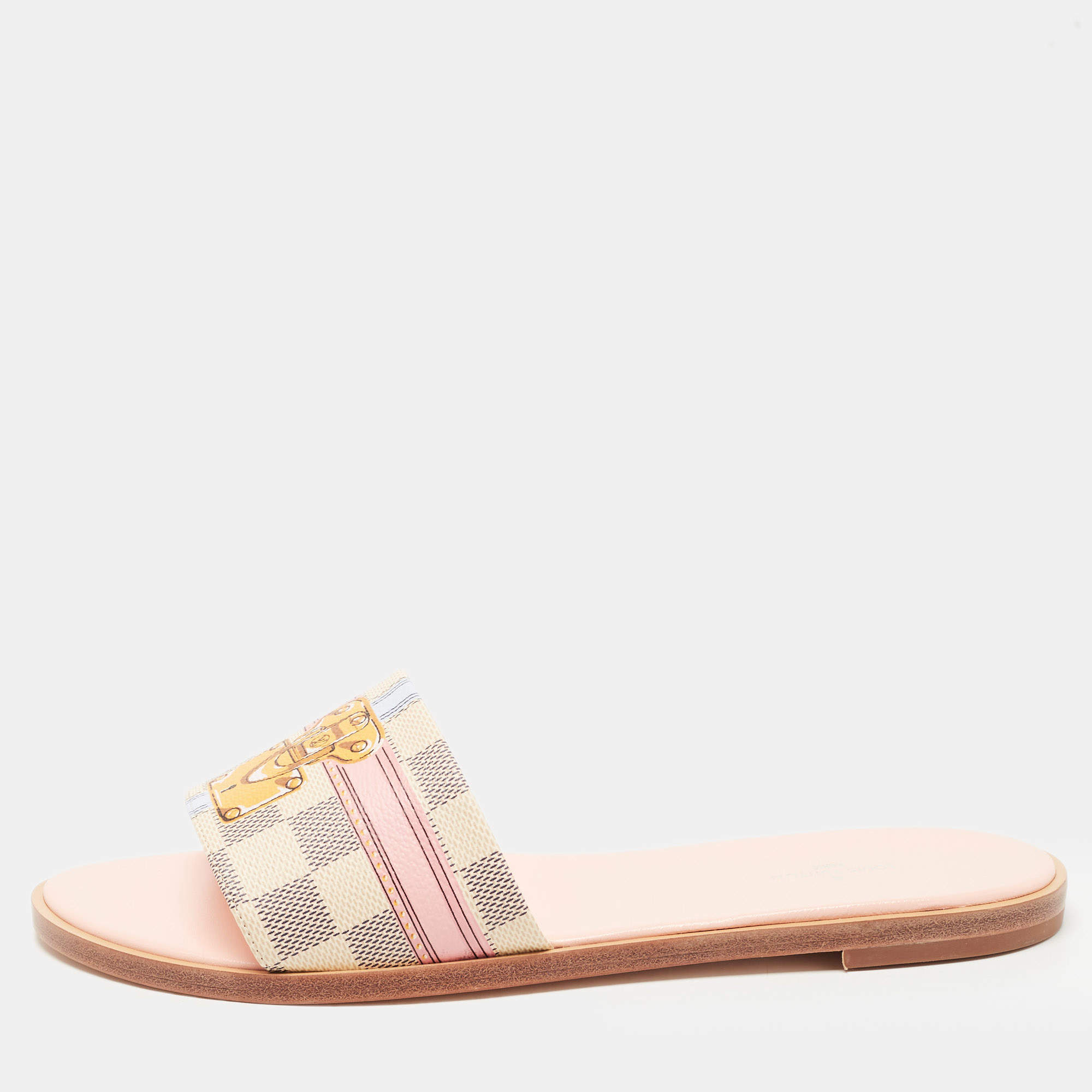 Pre Owned Louis Vuitton Beige/Navy Blue Damier Azur Canvas Lock It Flat Slides Size 40