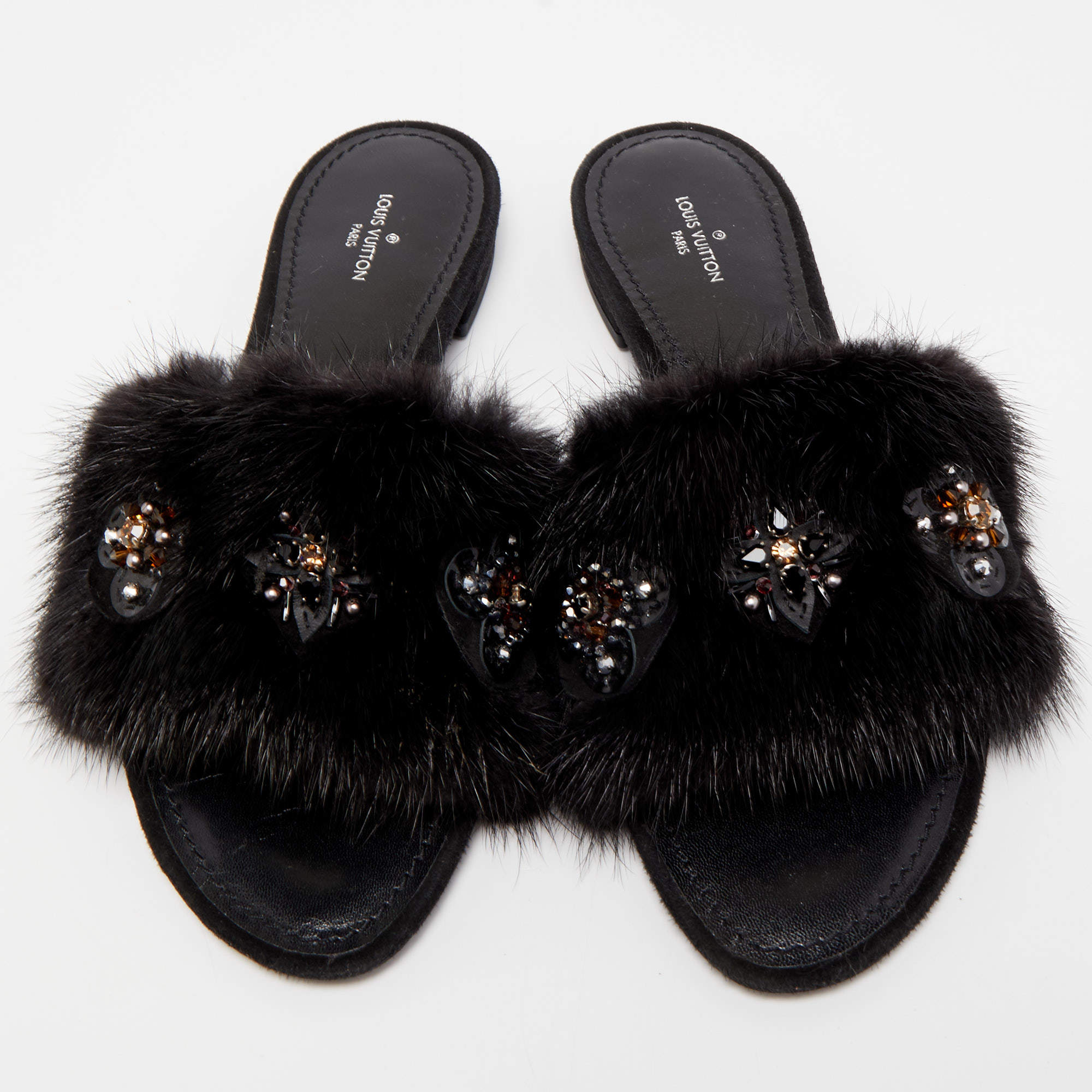 Louis Vuitton Black Mink Fur Crystal Embellished Flat Slides Size 37.5 Louis  Vuitton