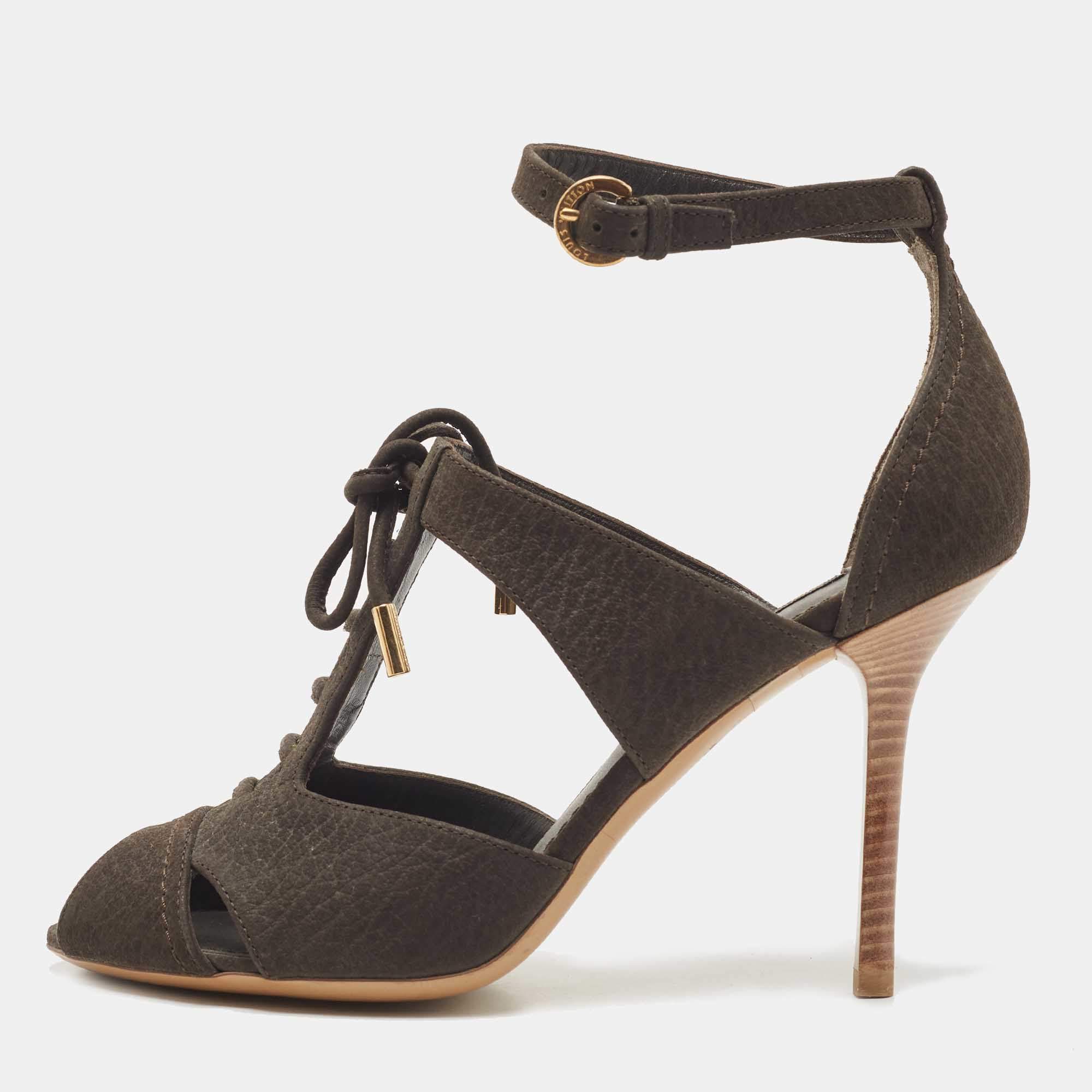 Louis Vuitton Dark Brown Leather Caged Ankle Strap Sandals Size 36.5