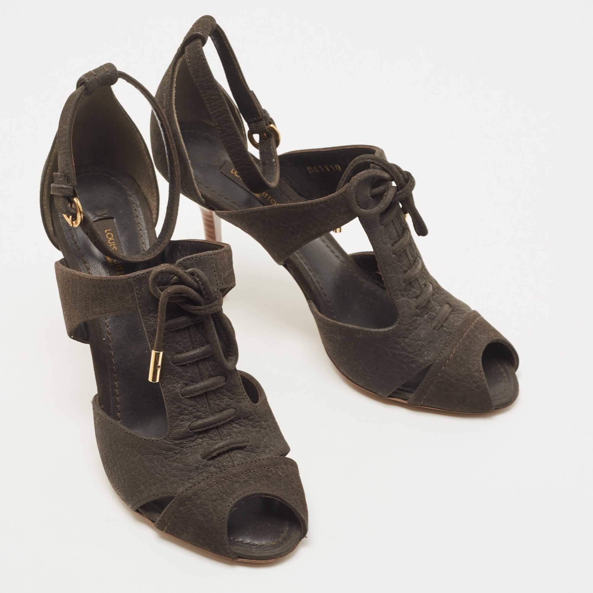 Louis Vuitton Dark Brown Leather Caged Ankle Strap Sandals Size 36.5 Louis  Vuitton