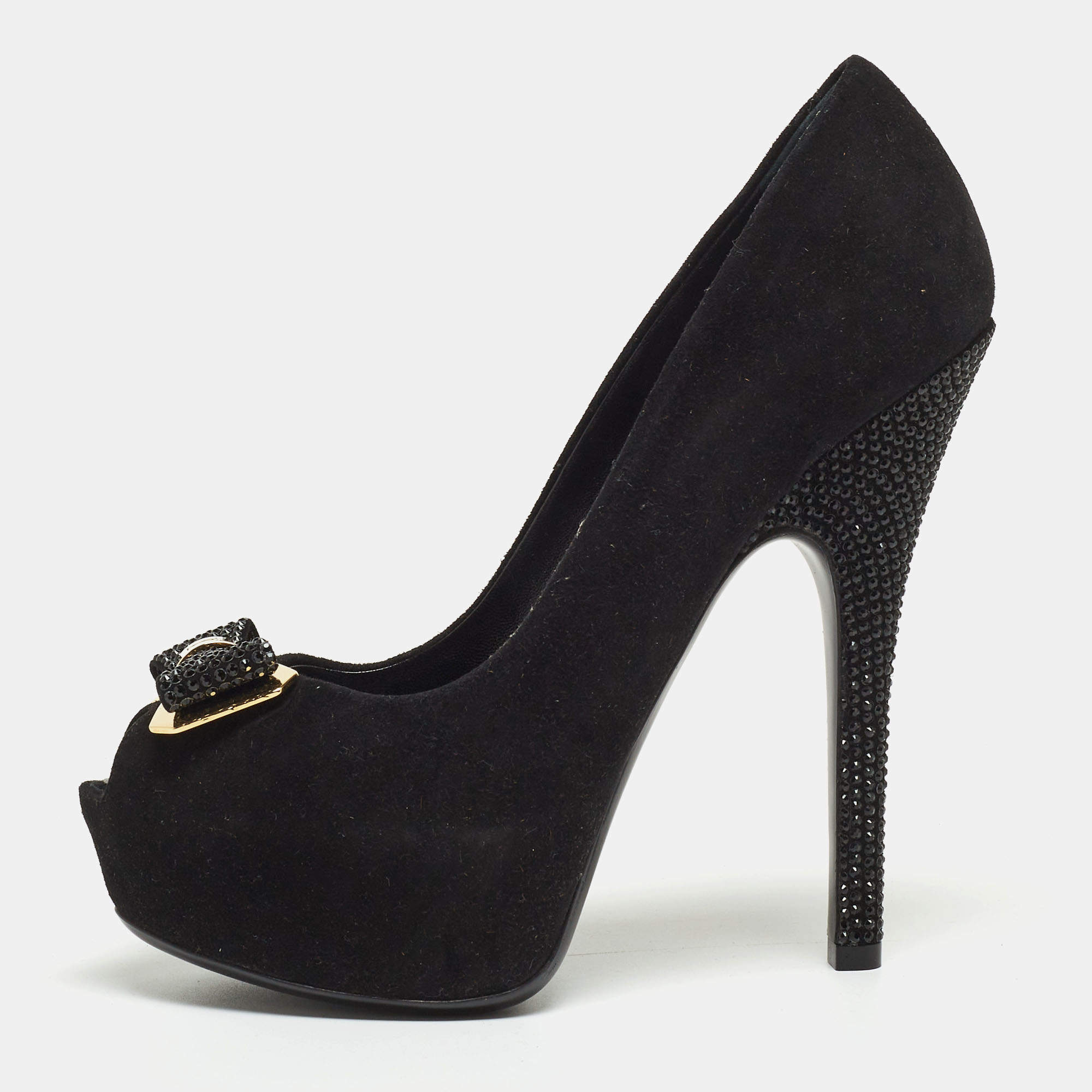 Pre Owned Louis Vuitton Black Suede Bow Peep Toe Platform Pumps Size 36