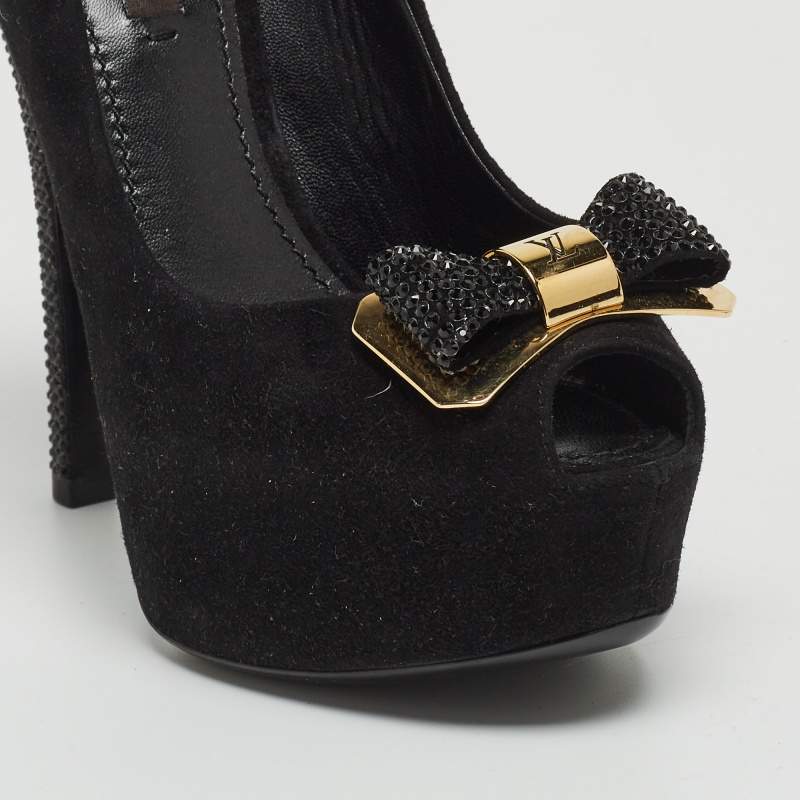 Louis Vuitton Black Suede Crystal Bow Platform Peep Toe Pumps Size 10.5/41  - Yoogi's Closet