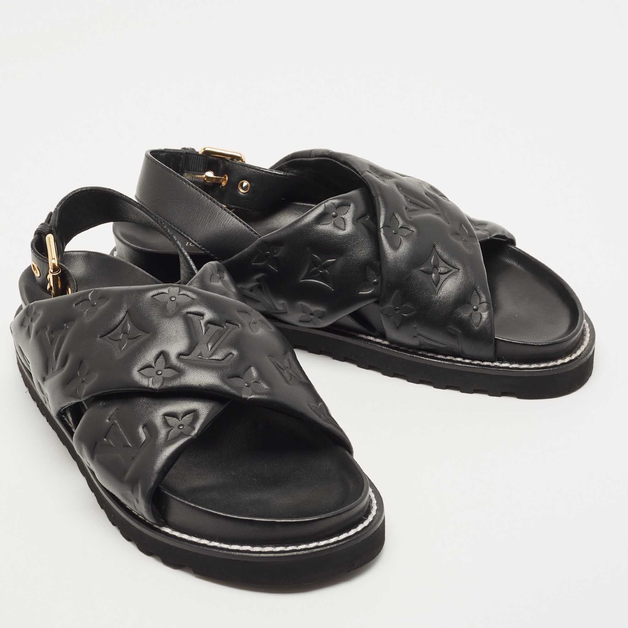 Louis Vuitton Black Monogram Embossed Leather Paseo Flat Sandals