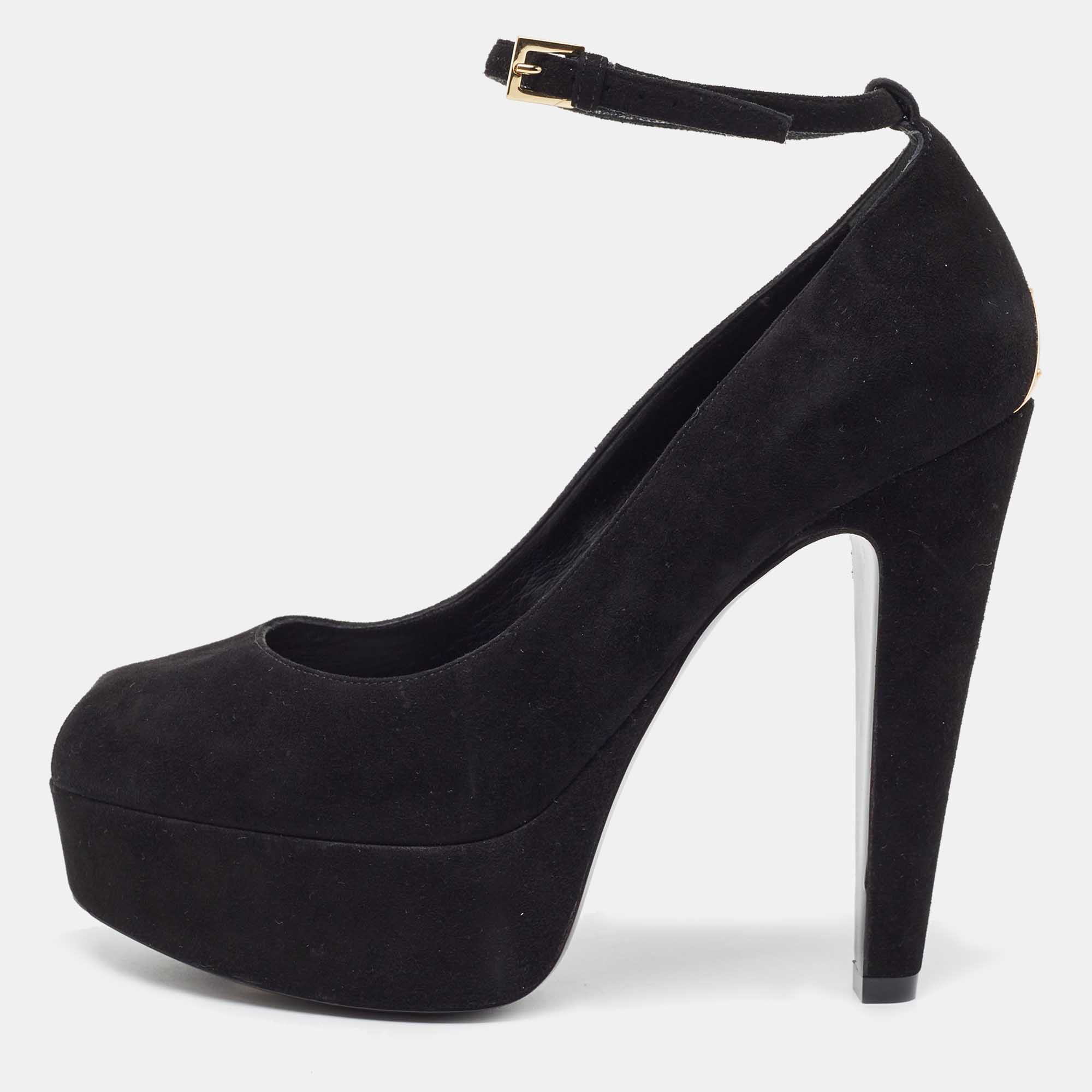 Pre Owned Louis Vuitton Black Suede Ankle Strap Pumps Size 37