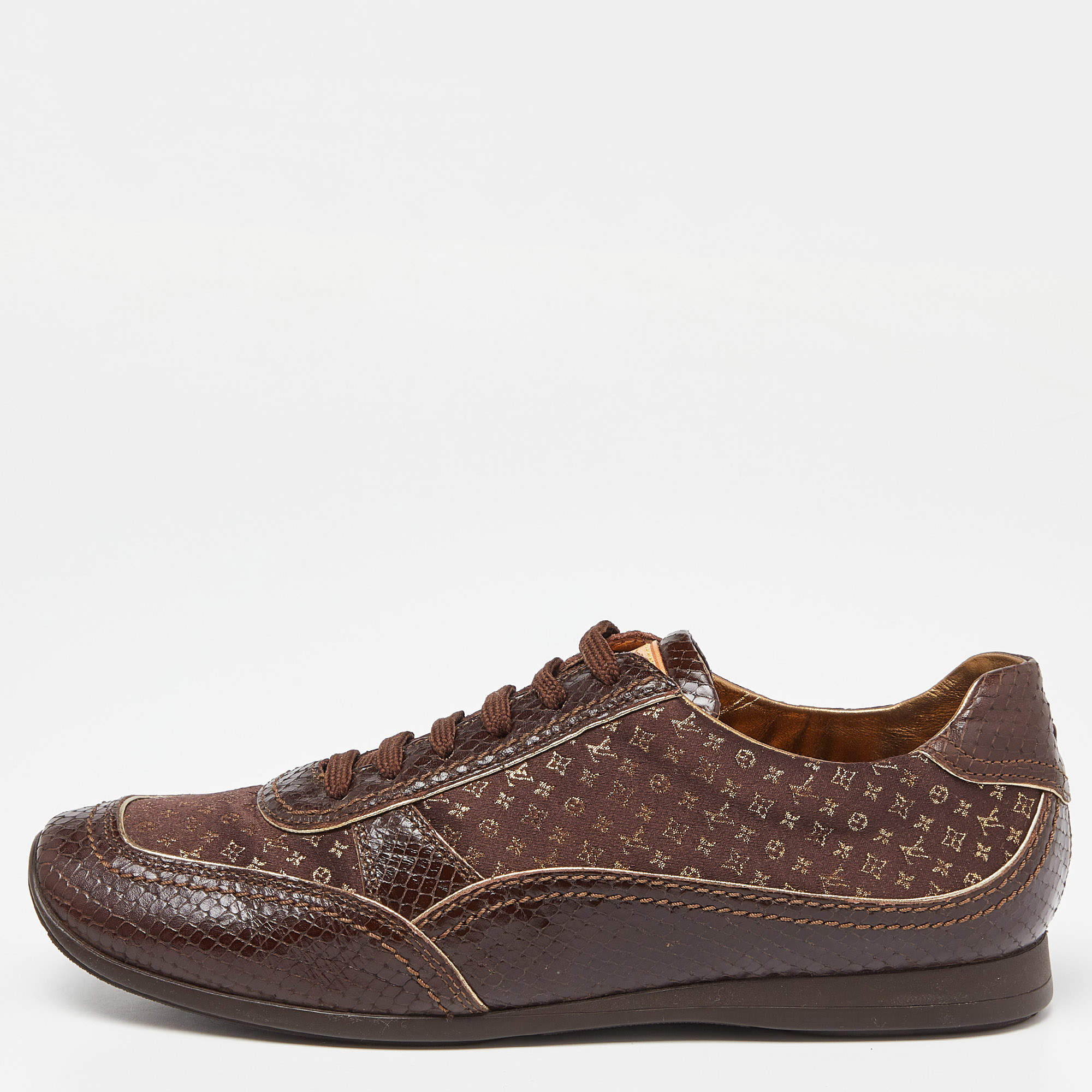 مملوكة مسبقًا Louis Vuitton Brown Monogram Print Fabric and Embossed Snakeskin Low Top Sneakers Size 38.5