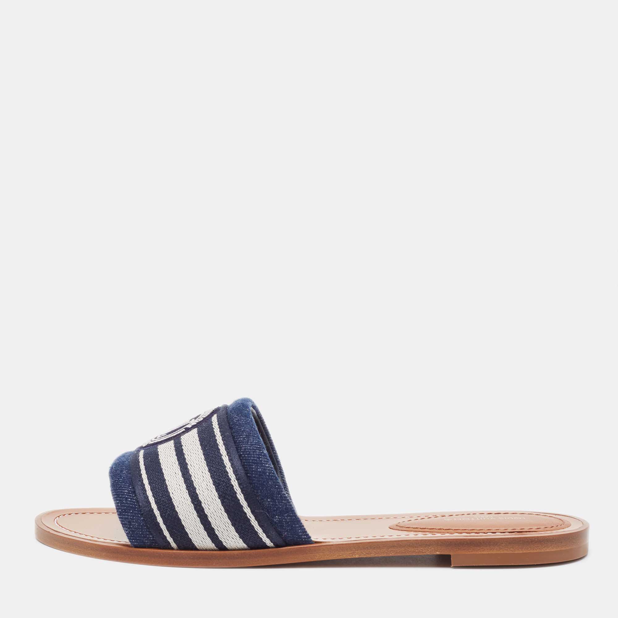 Louis Vuitton Navy Blue Canvas Lock It Flat Slides Size 39