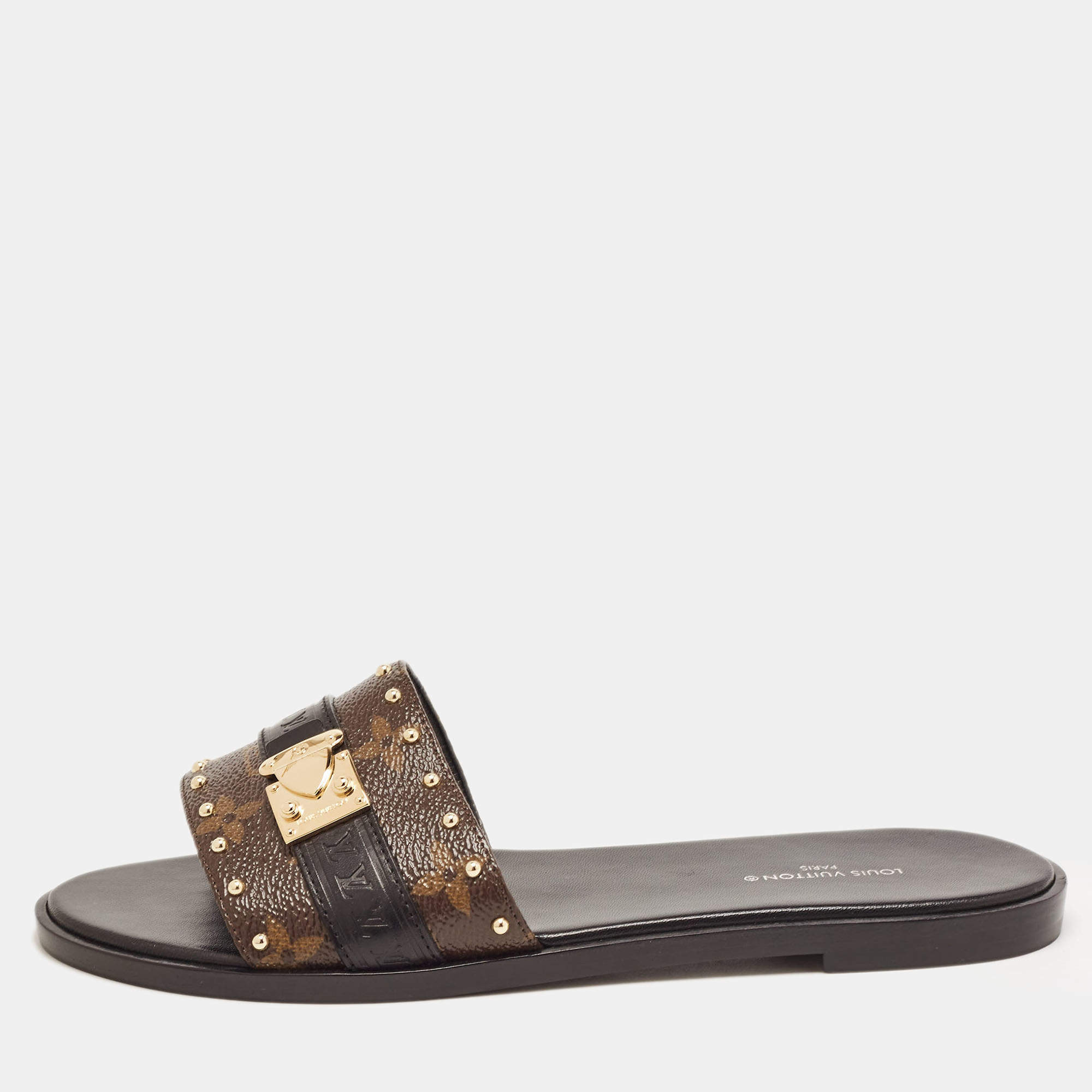Louis Vuitton Brown Monogram Canvas Lock It Flat Slides Size36