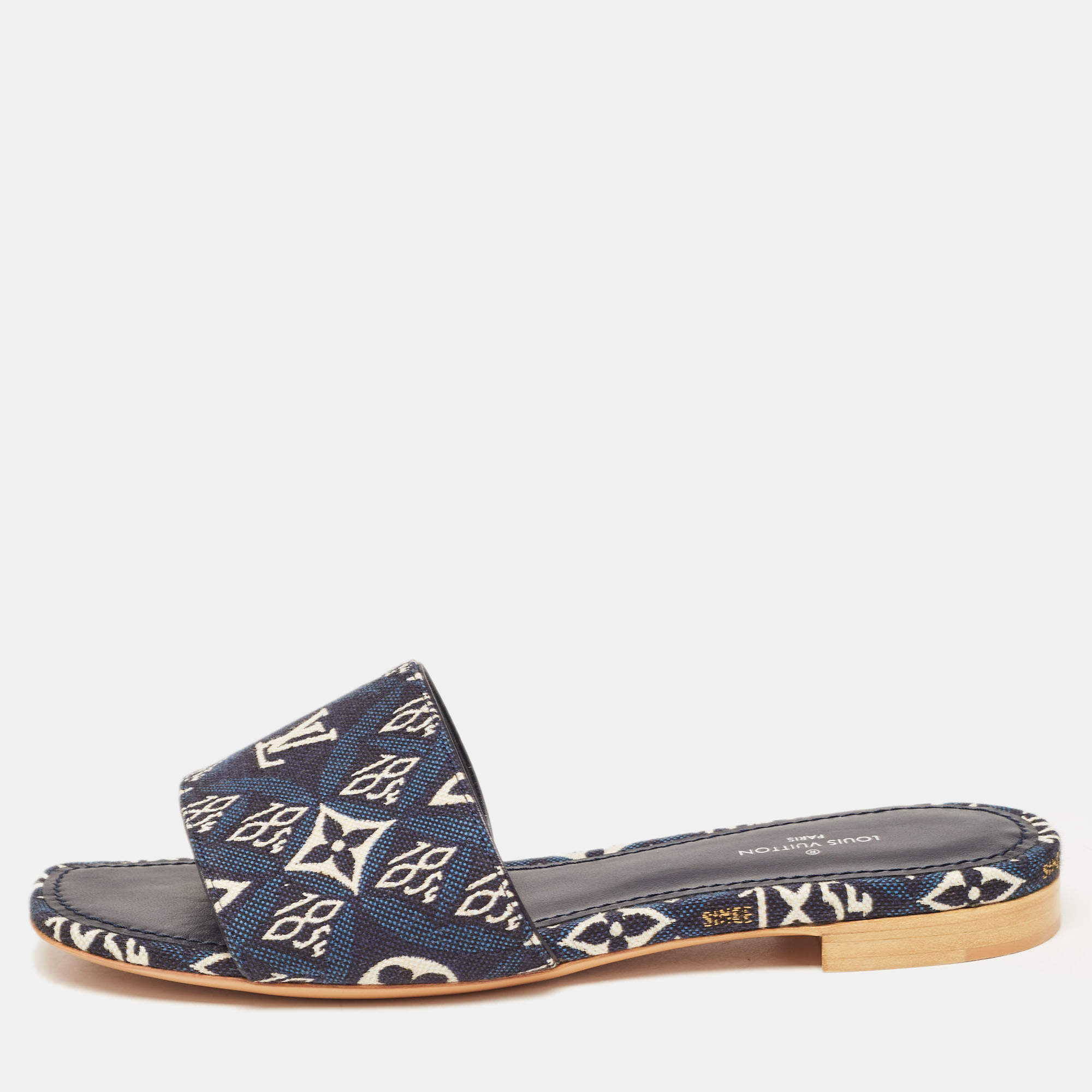 Pre Owned Louis Vuitton Navy Blue Denim Flat Slides Size 36