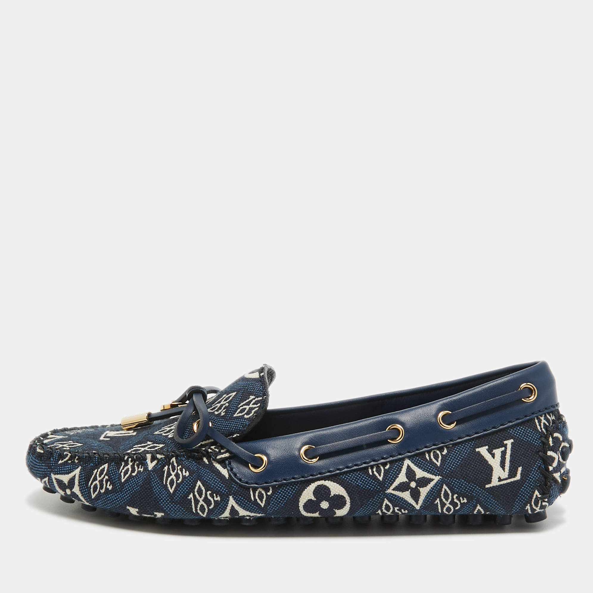 Louis Vuitton Navy Blue Leather and Denim Gloria  Loafers Size 36