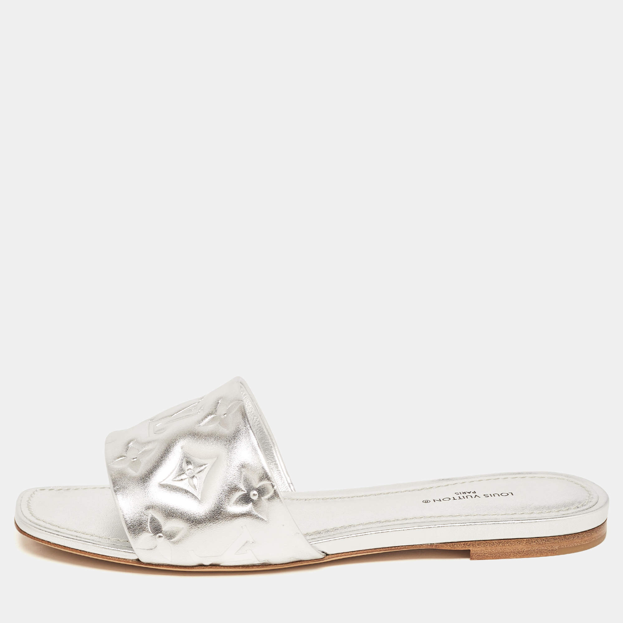 Louis Vuitton Silver Monogram Embossed Leather Revival Flat Slides Size 37