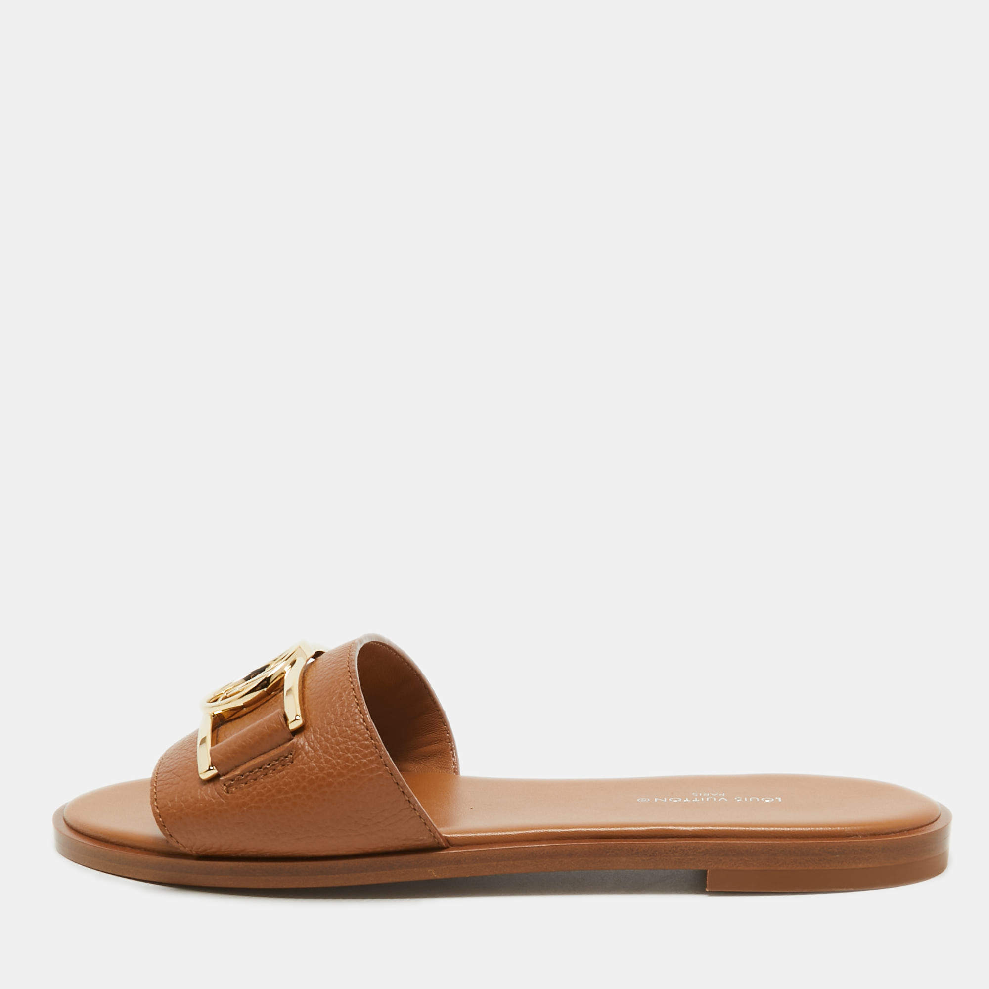 Louis Vuitton Tan Leather Lock It Flat Slides Size 36