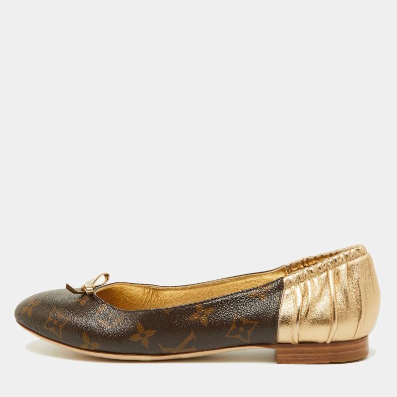 Pre Owned Louis Vuitton Gold/Brown Leather and Monogram Canvas Joy Ballet Flats Size 38