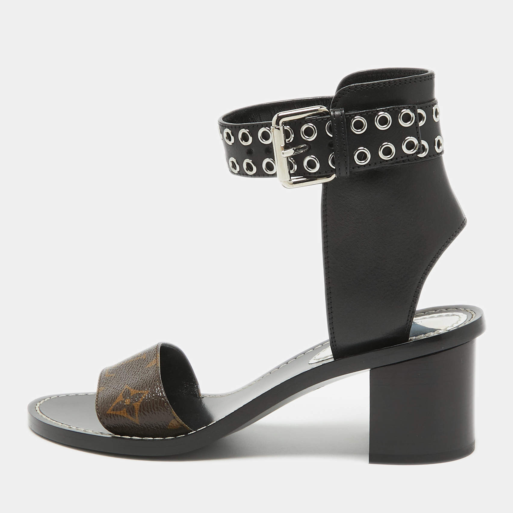 Louis Vuitton Brown/Black Leather and Monogram Canvas Block Heel Eyelet Ankle Cuff Sandals Size 37