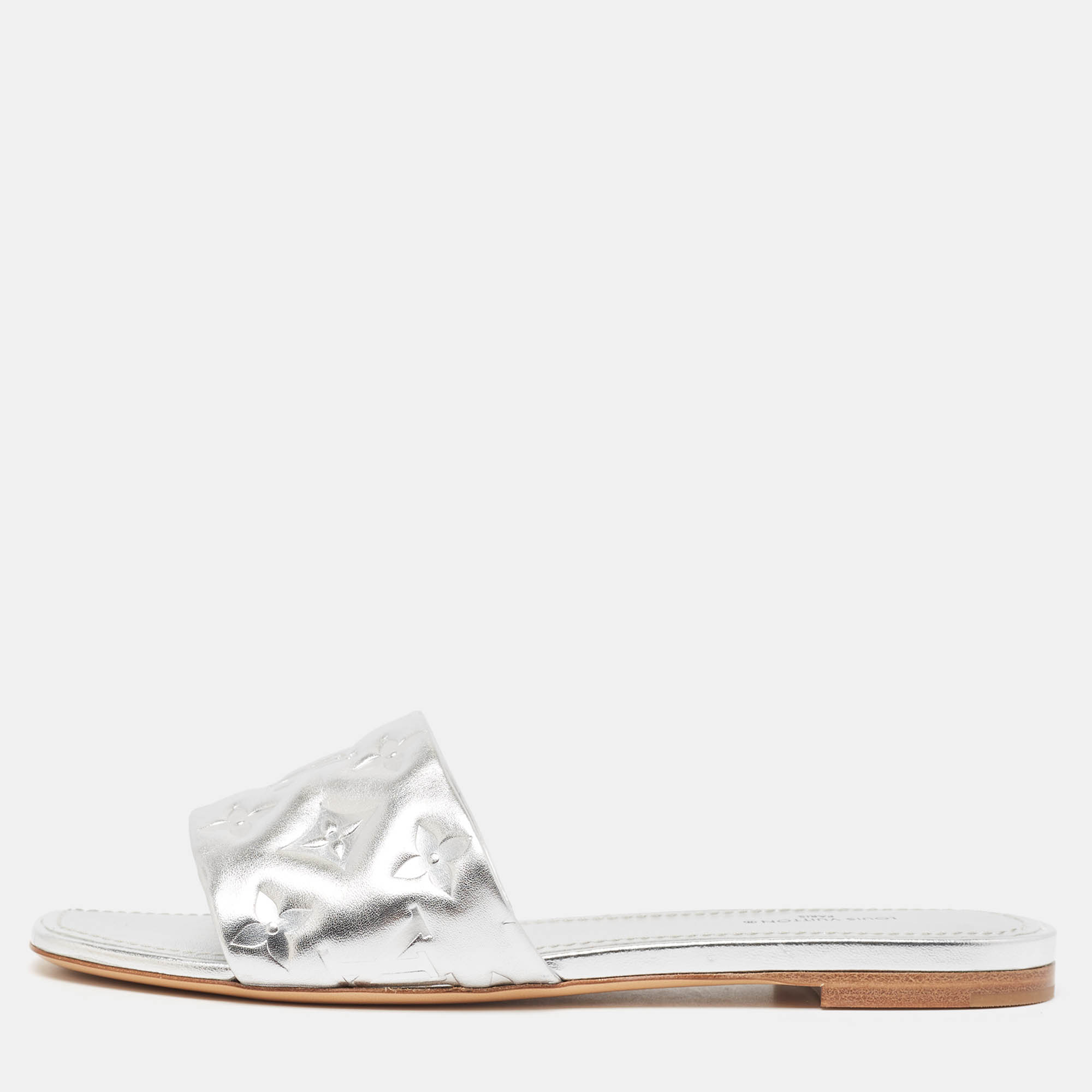 Pre Owned Louis Vuitton Silver Monogram Embossed Leather Revival Flat Slides Size 38