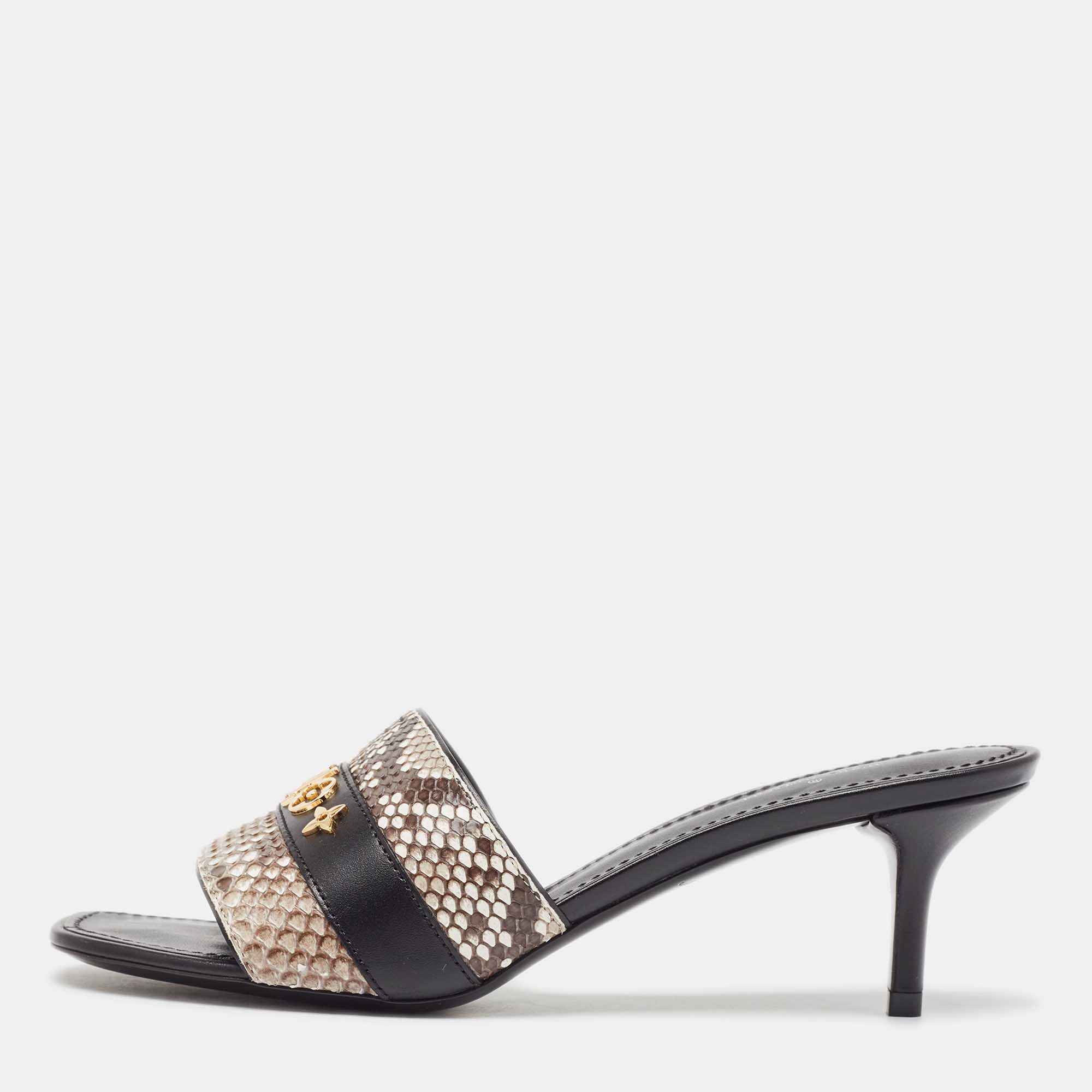 Louis Vuitton Black/Brown Leather and Python Slide Sandals Size 37